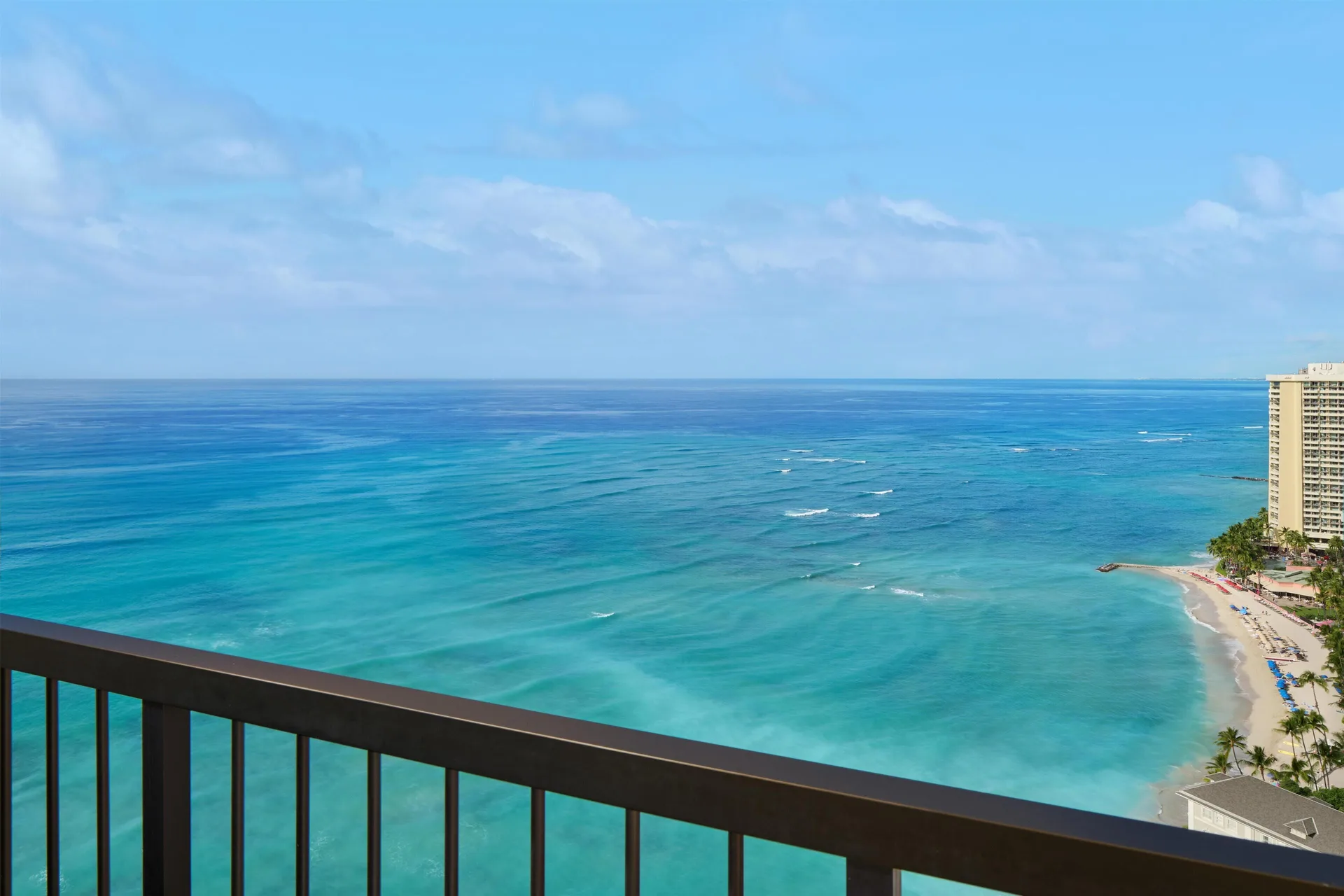 Oceanfront balcony view from a Junior Suite at Hyatt Regency Waikiki Beach Resort & Spa.