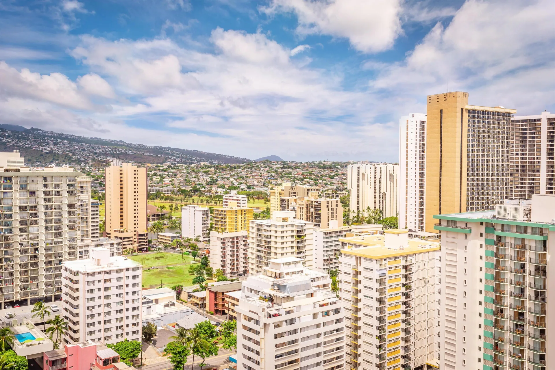 High-floor Waikiki city view from Hyatt Regency Waikiki Beach Resort & Spa.