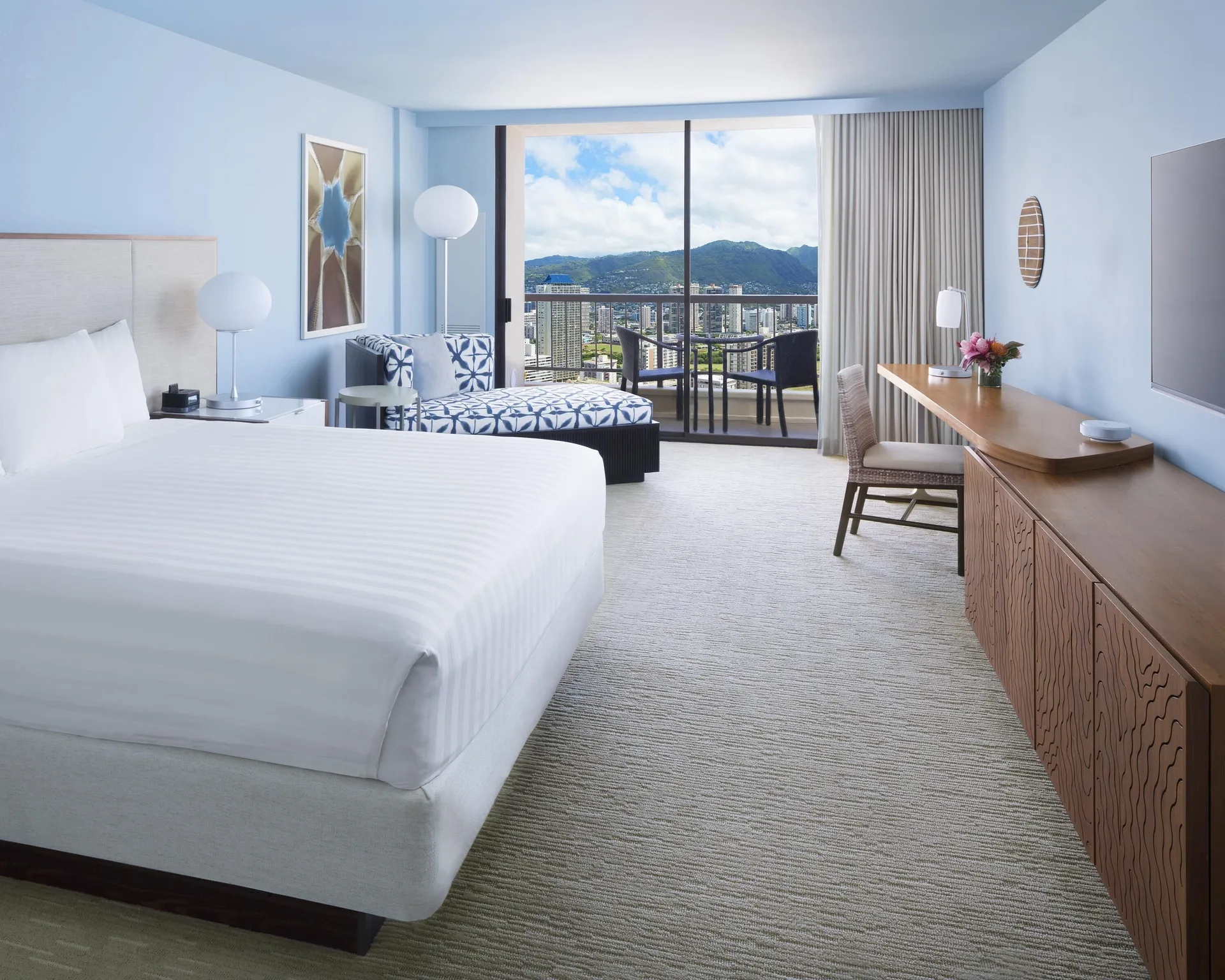 King bed city view room with balcony at Hyatt Regency Waikiki Beach Resort & Spa.