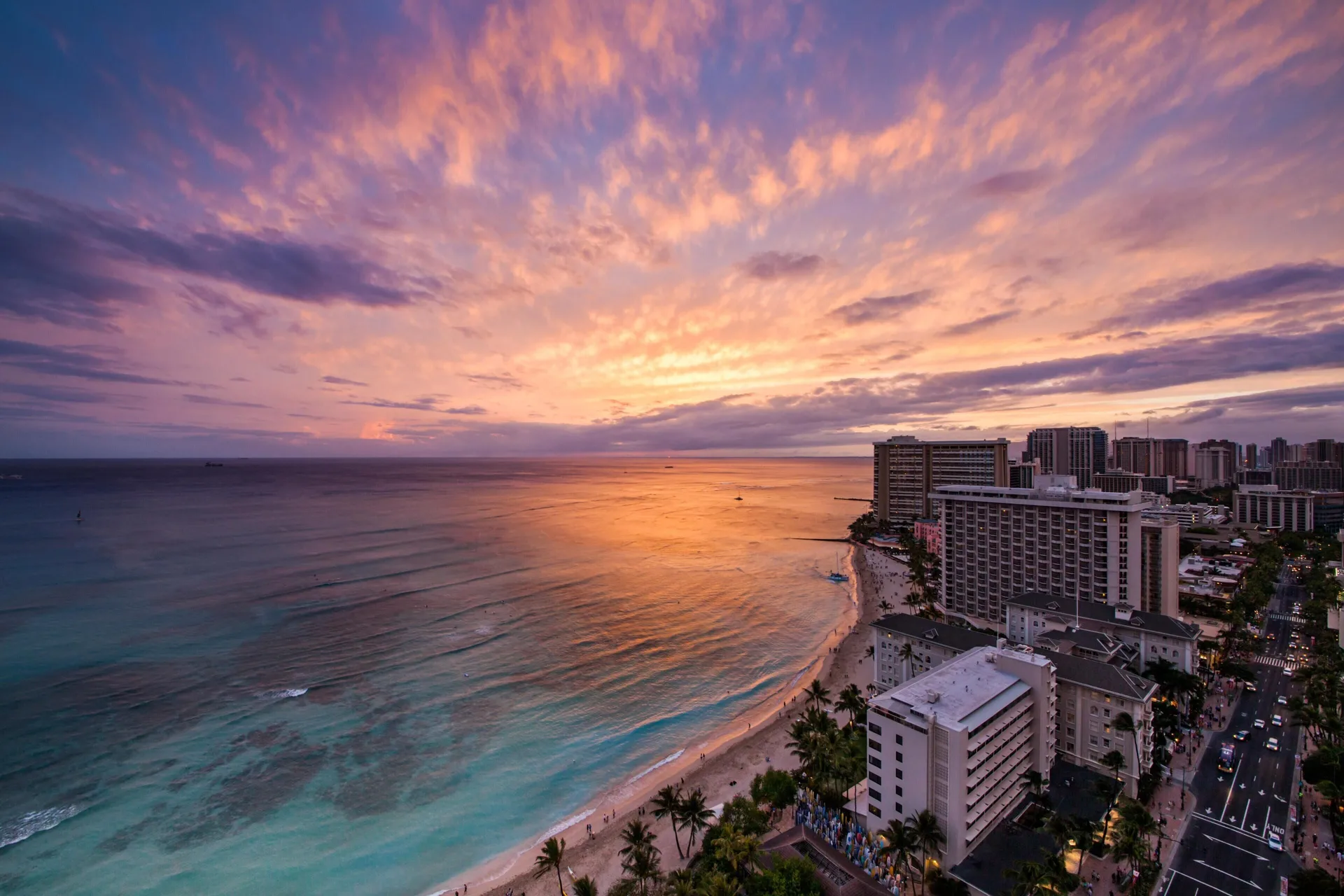 High-floor ocean view over Waikiki Beach at Hyatt Regency Waikiki Beach Resort & Spa.