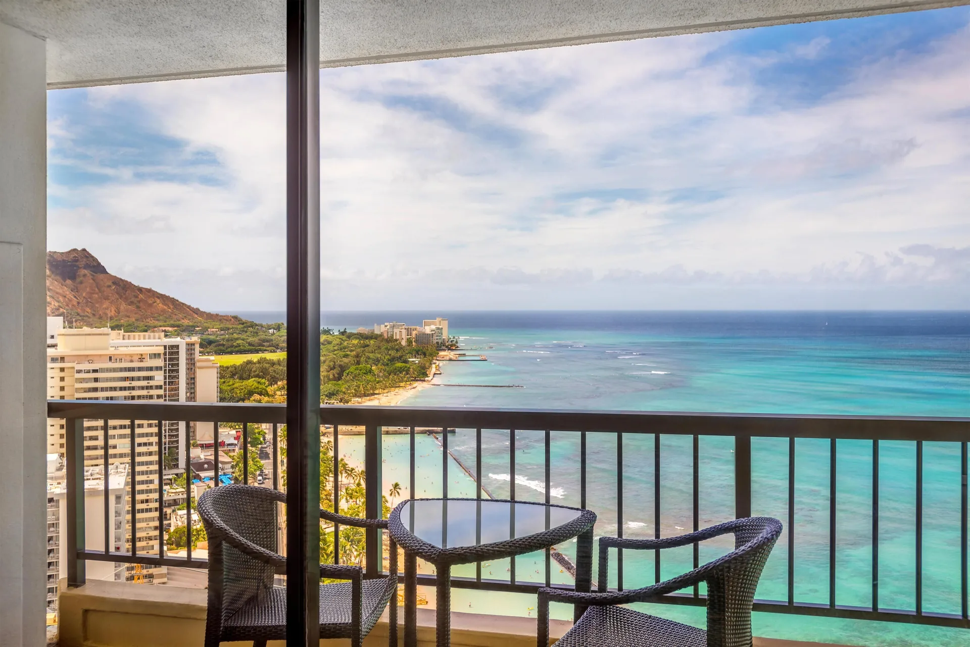 Oceanfront Diamond Head room balcony view at Hyatt Regency Waikiki Beach Resort & Spa.