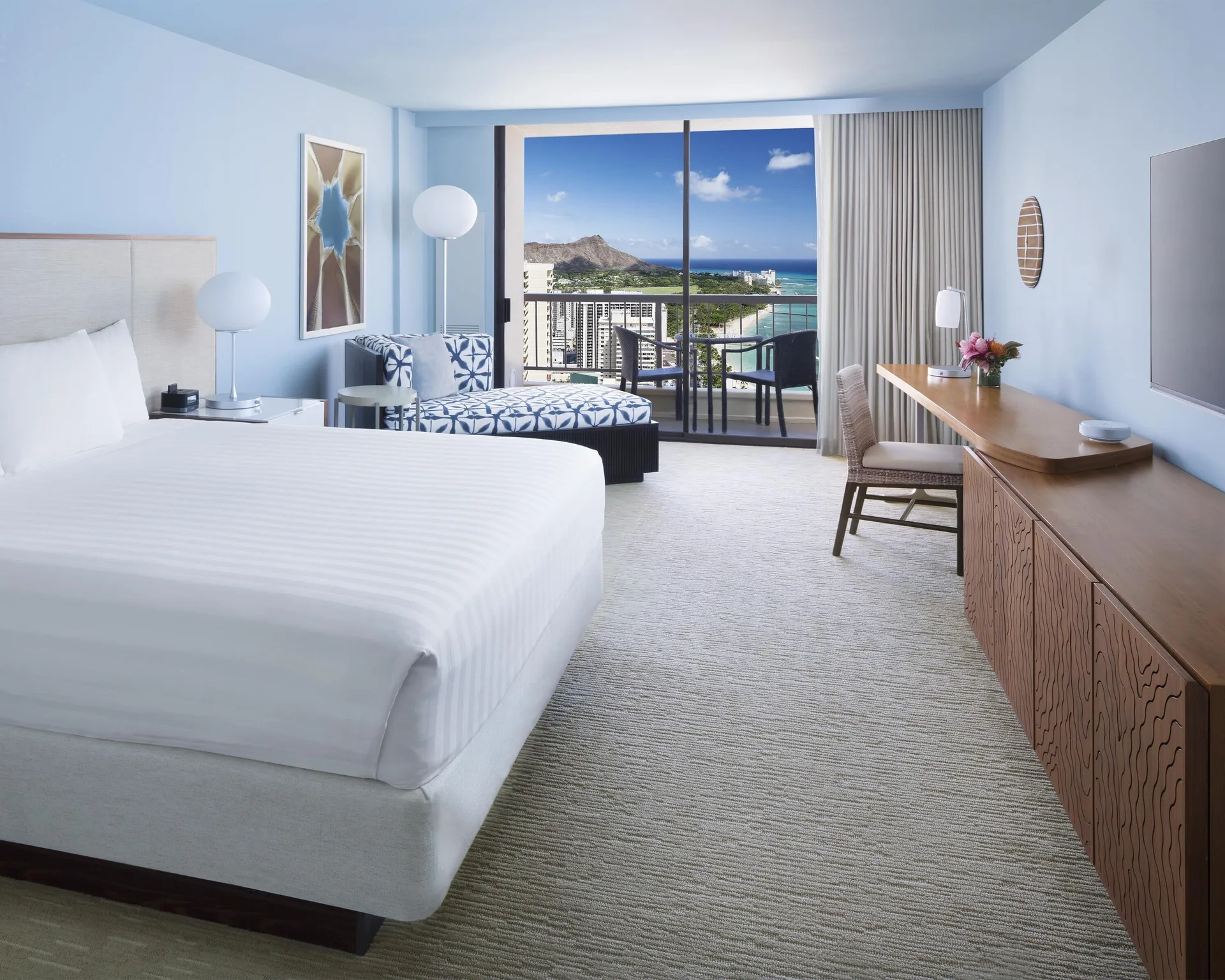 Oceanfront Diamond Head king room with daybed at Hyatt Regency Waikiki Beach Resort & Spa.