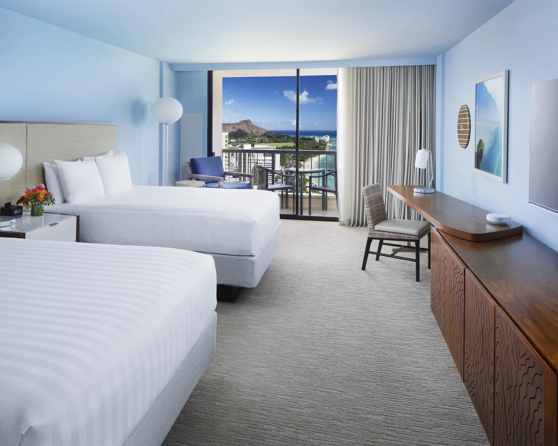 Oceanfront Diamond Head two-bed room with desk at Hyatt Regency Waikiki Beach Resort & Spa.