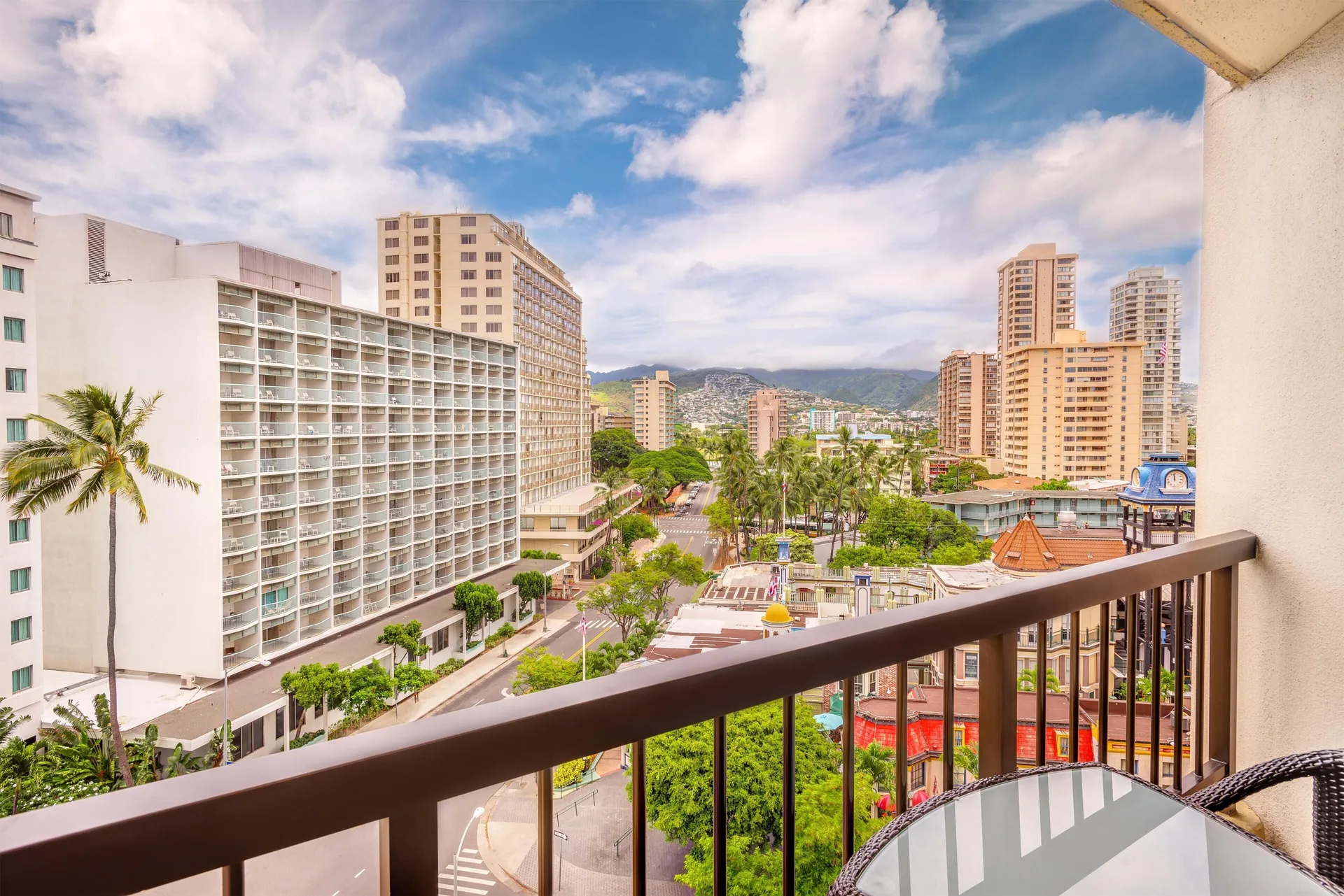 Waikiki View room balcony with street and mountain views at Hyatt Regency Waikiki Beach Resort & Spa.