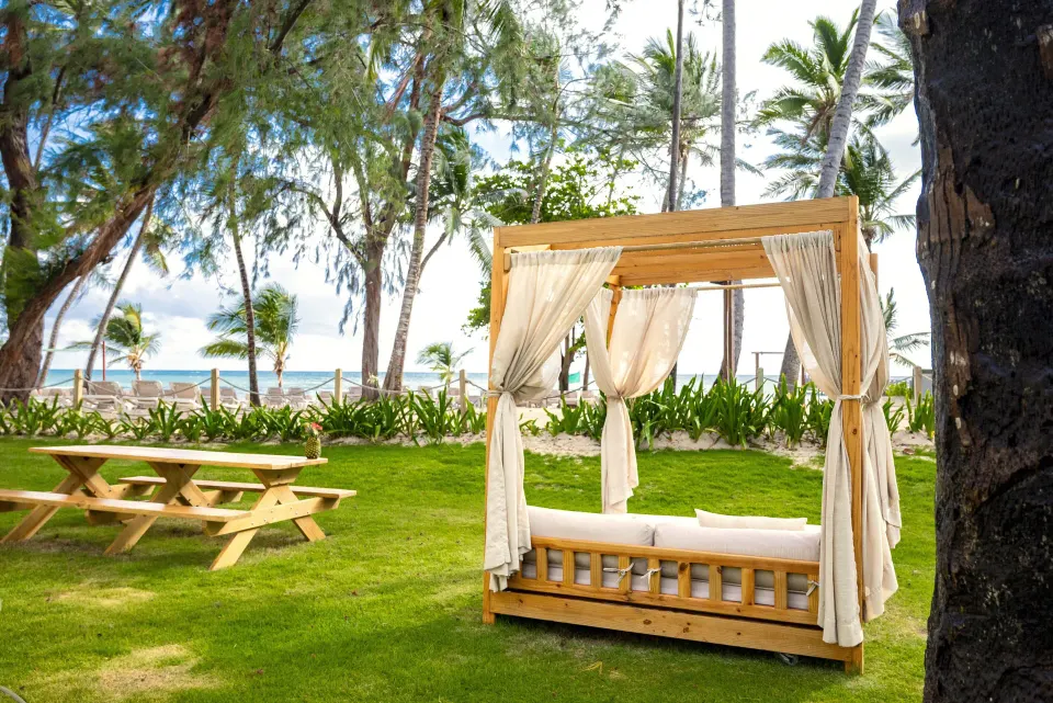 Beachside lawn with cabana daybed and picnic table at Impressive Premium Punta Cana.