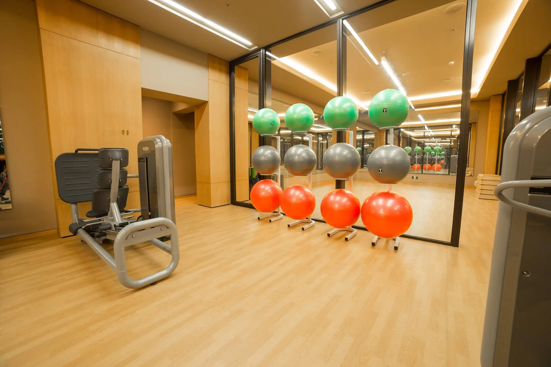 Fitness studio with exercise balls and strength equipment at JW Marriott Los Cabos Beach Resort & Spa.