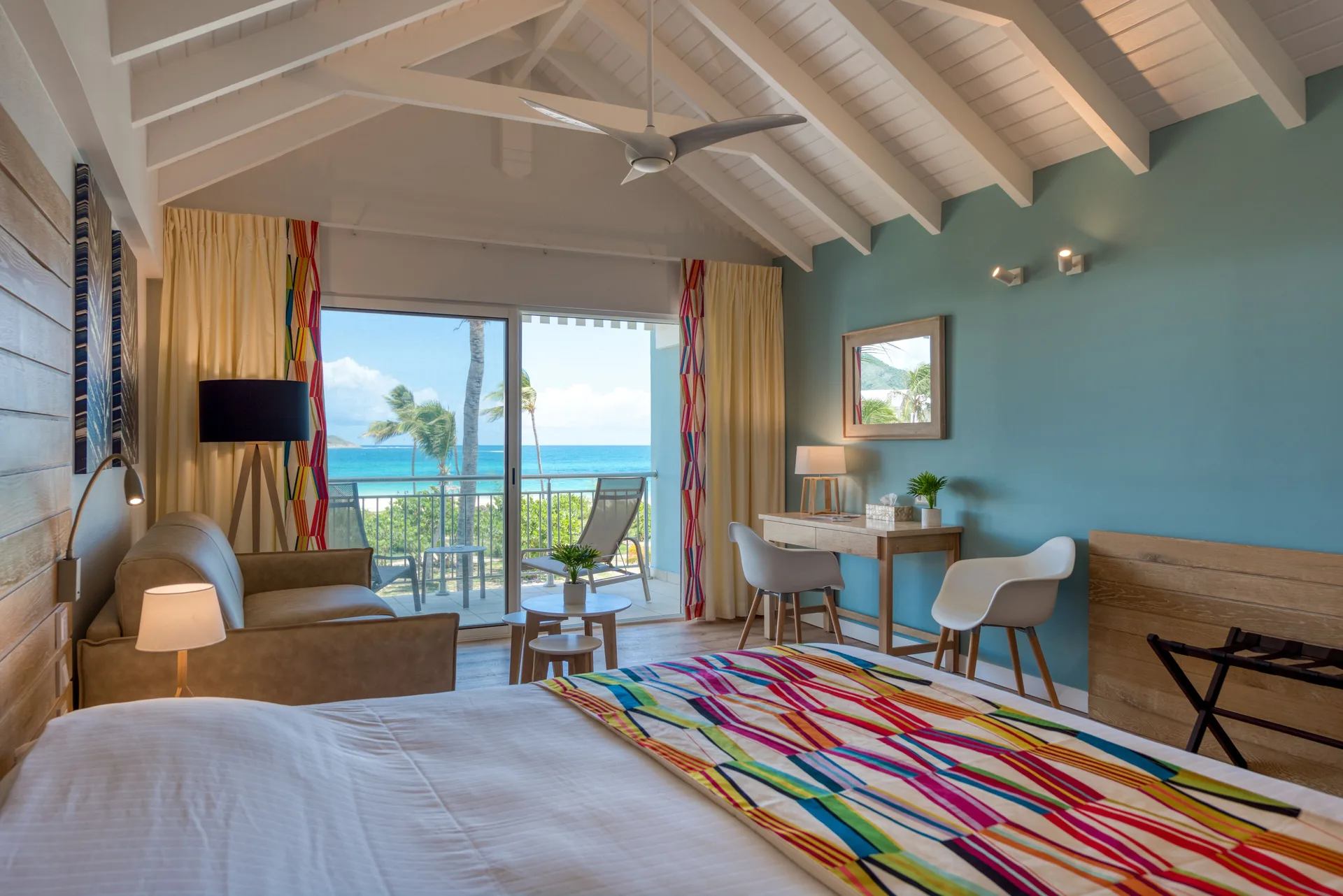 Junior Suite Kitchen Premium Ocean with vaulted ceiling and ocean-facing balcony at La Playa Orient Bay.