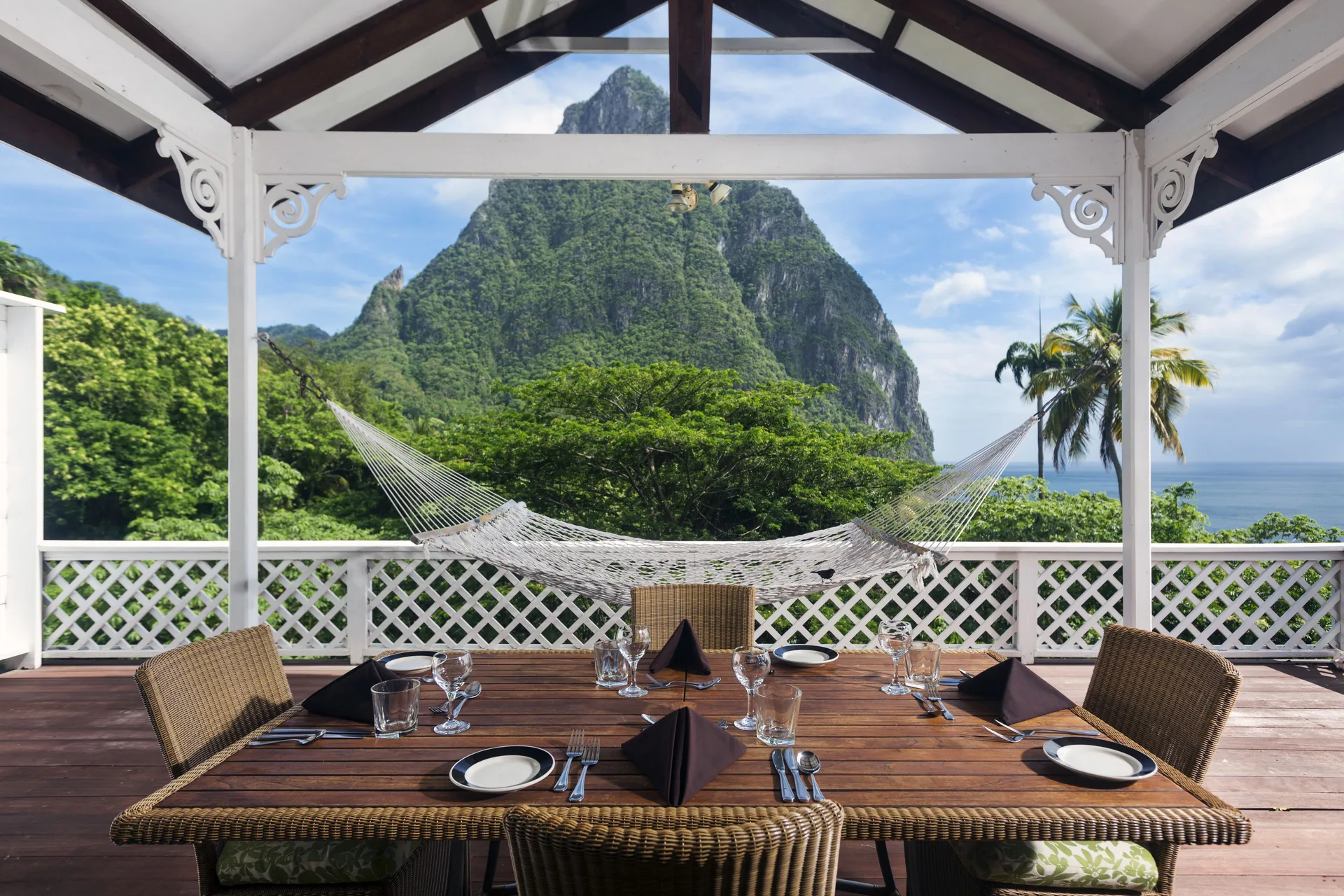Stonefield Villa Resort in Saint Lucia with private villas, tropical gardens, and views of Petit Piton near Soufrière.