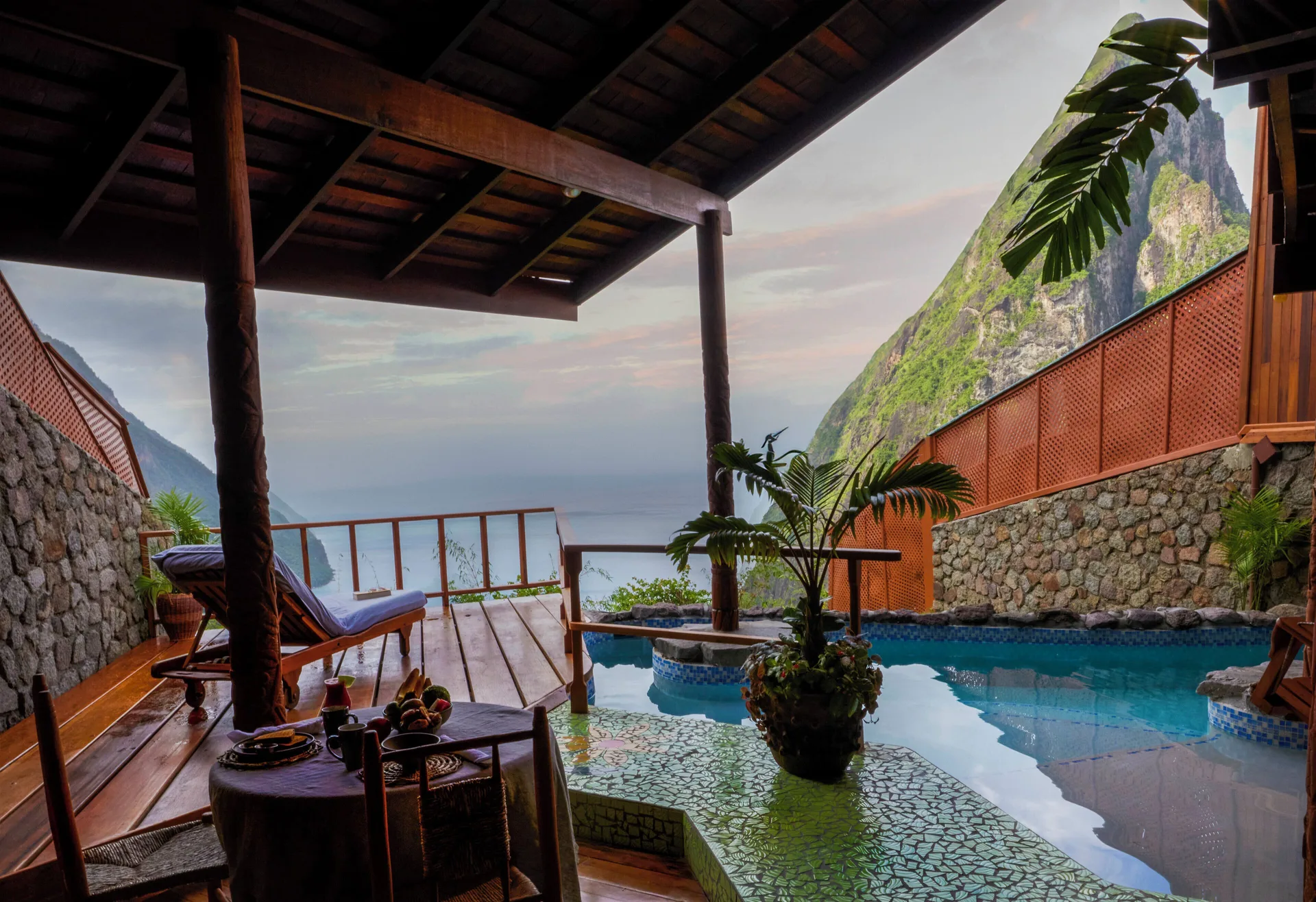 Heritage Suite plunge pool terrace with mountain and sea view at Ladera Resort.