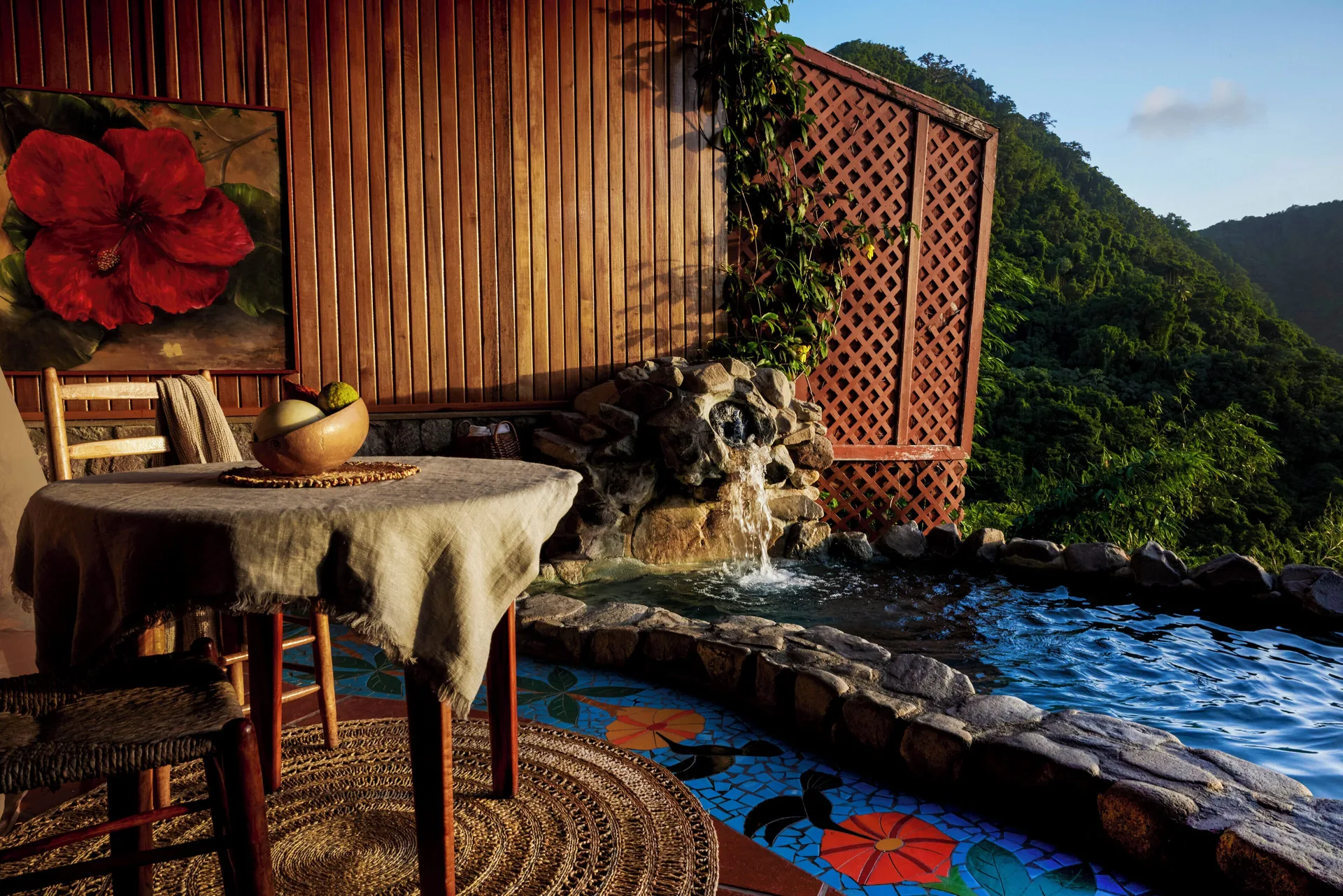 Rainbow Suite plunge pool terrace with dining table and hillside view at Ladera Resort.