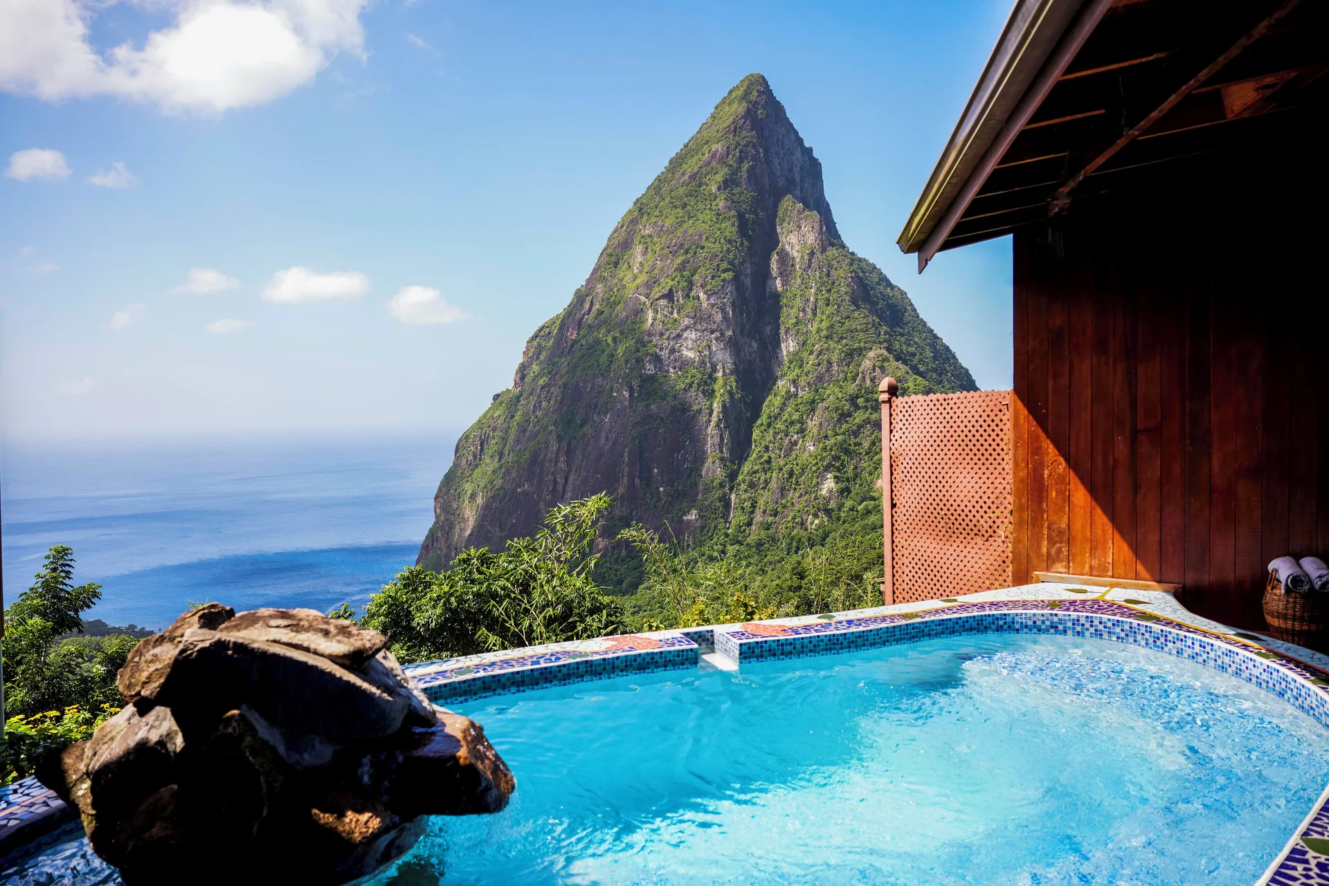 Rainbow Suite private plunge pool with Petit Piton and sea view at Ladera Resort.