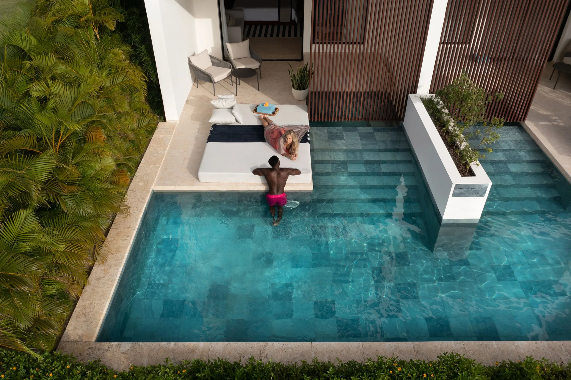 Aqua Junior Suite swim-up pool with daybed at Live Aqua Punta Cana.