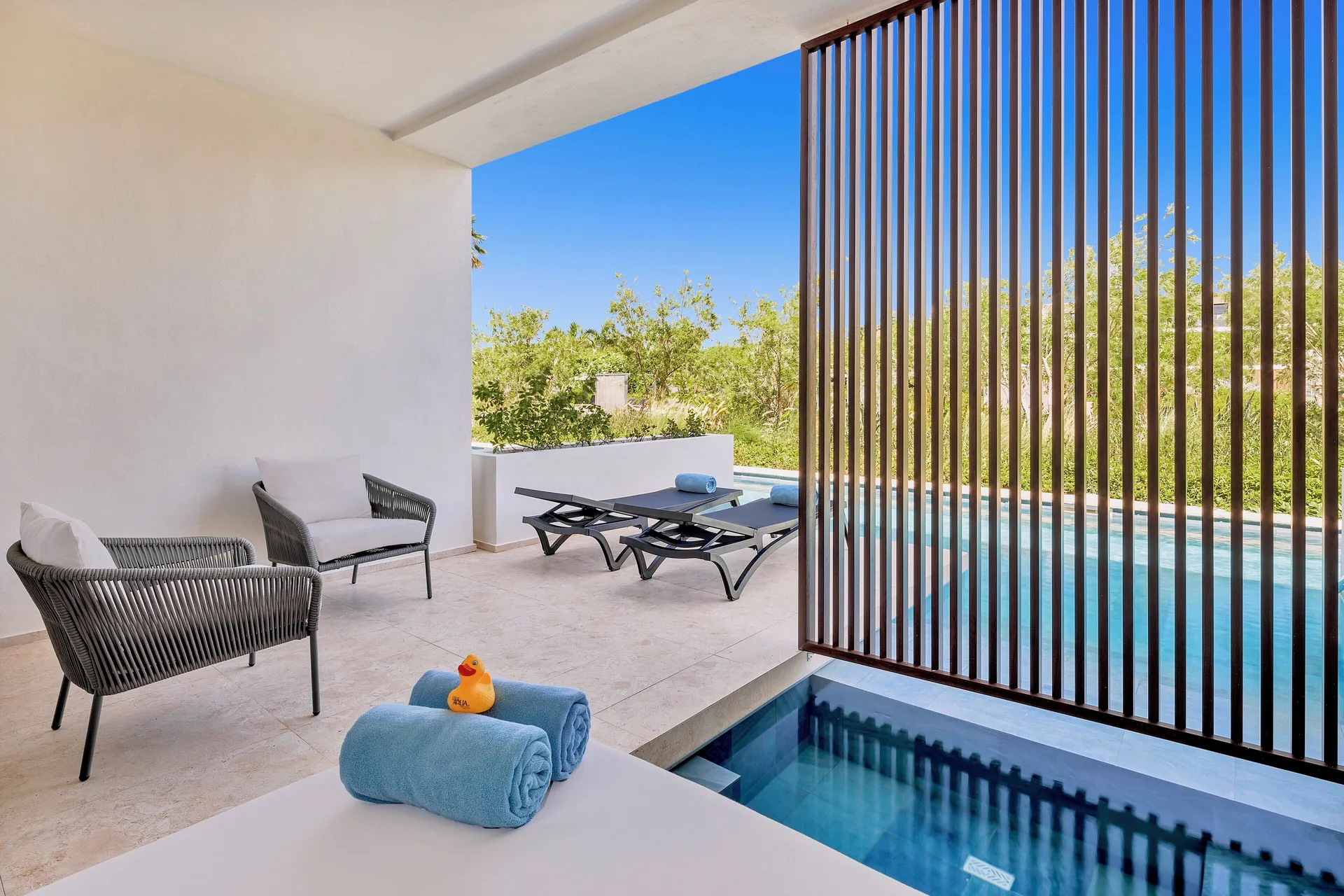 Aqua Junior Suite shaded swim-up terrace at Live Aqua Punta Cana.