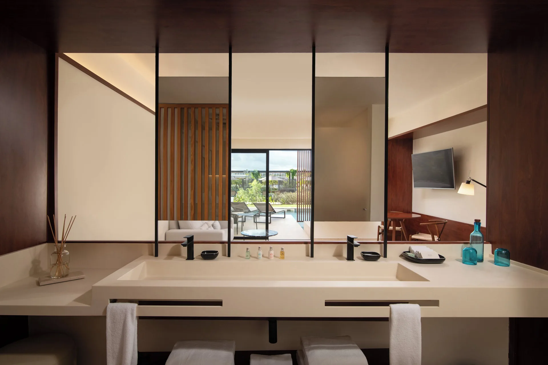 Aqua Junior Suite Swim-Up Pool View bathroom vanity at Live Aqua Punta Cana.