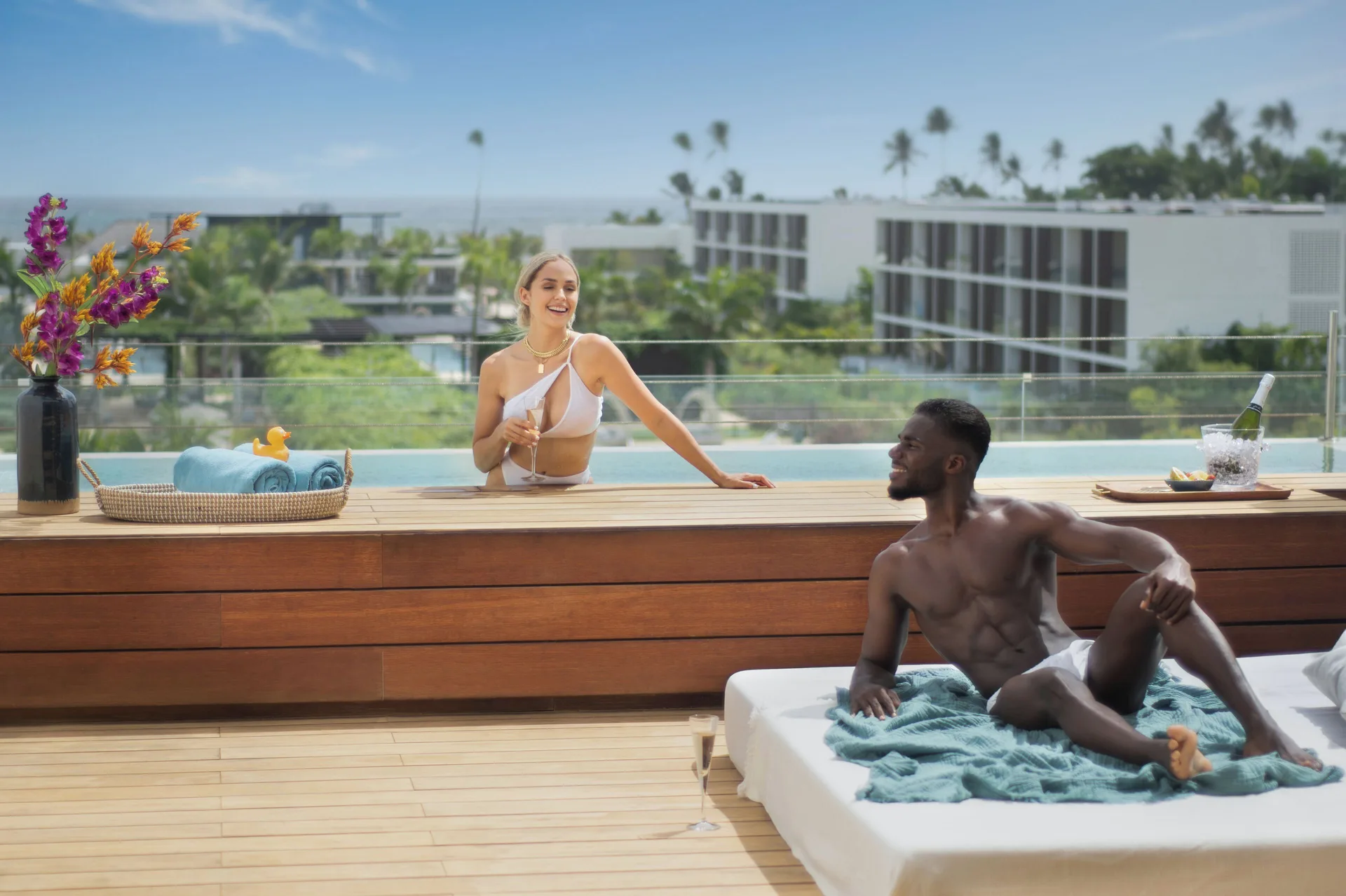 Fuego Suite Ocean View terrace with plunge pool and daybed at Live Aqua Punta Cana.