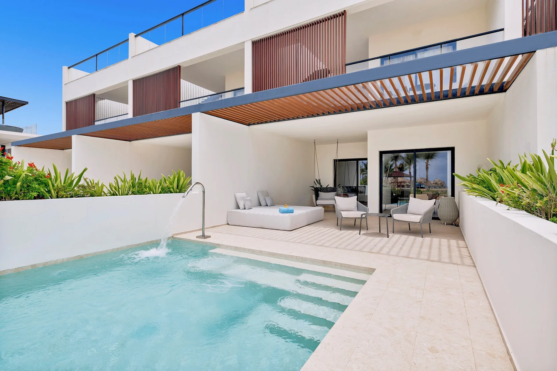 Tierra Suite Ocean Front exterior with private pool and covered terrace at Live Aqua Punta Cana.