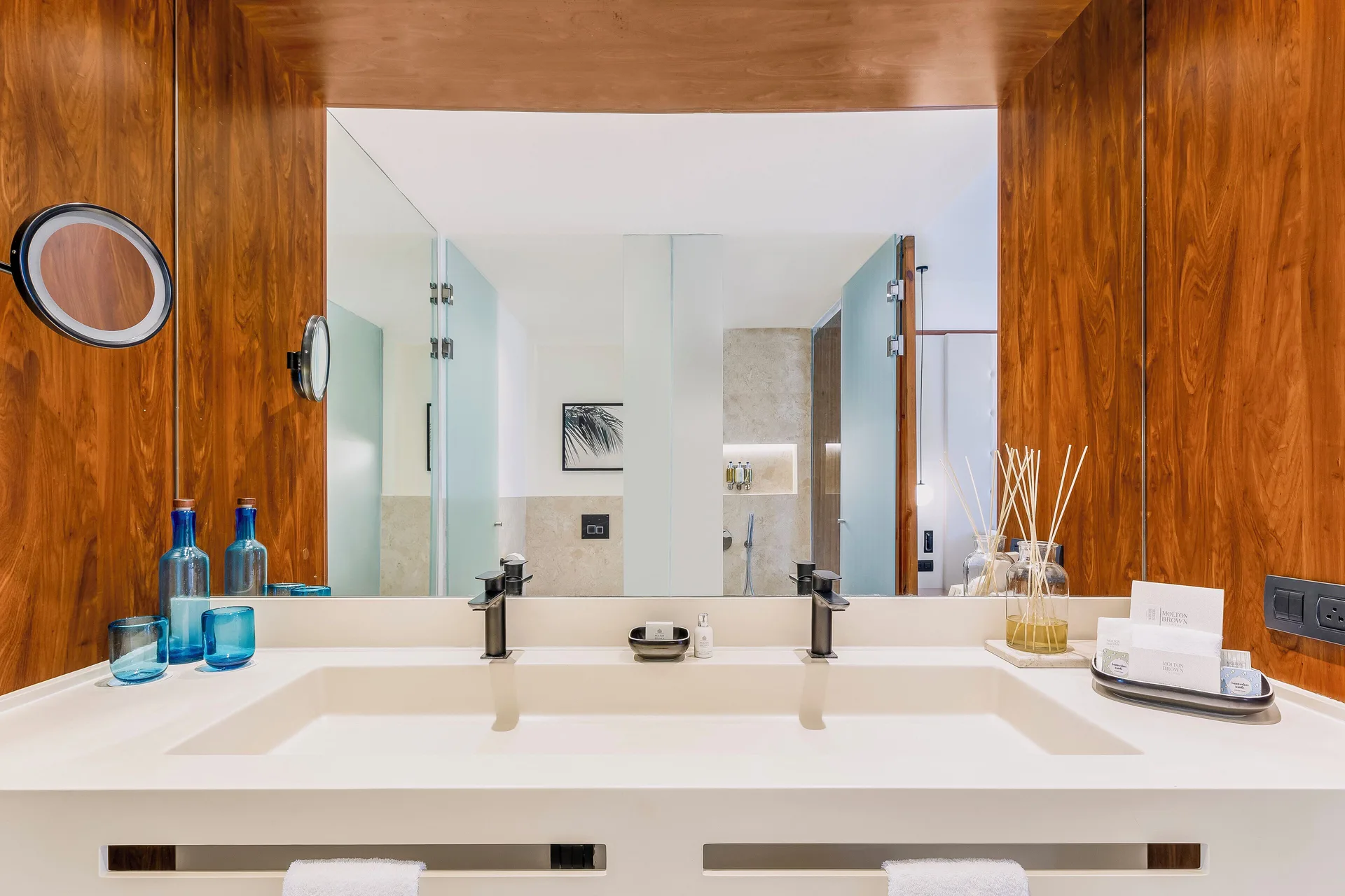 Viento Suite Ocean Front double vanity with mirrors at Live Aqua Punta Cana.