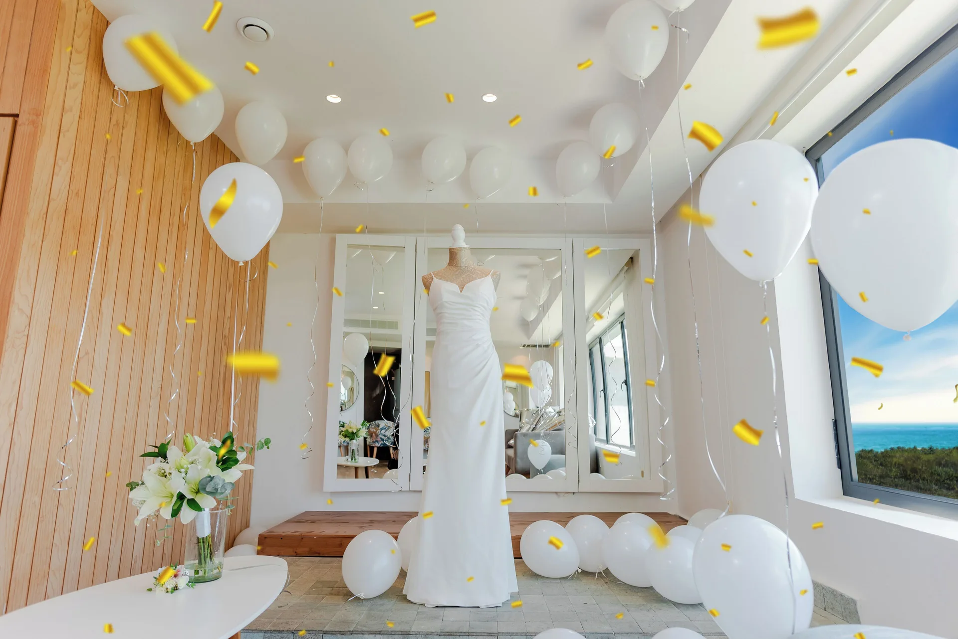 Wedding dress display with balloons and ocean view at Majestic Elegance Costa Mujeres.