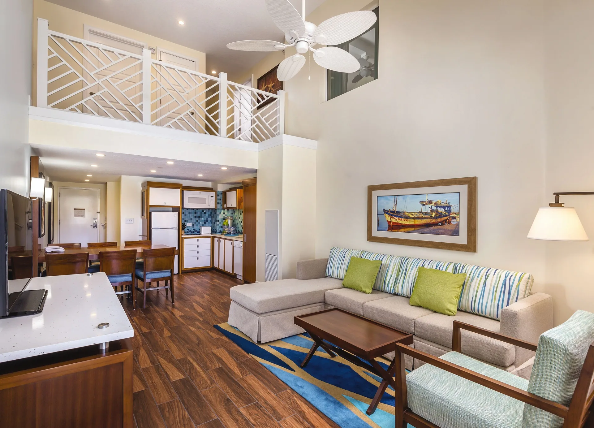 Loft suite living area with kitchenette at Margaritaville Vacation Club - St. Thomas.