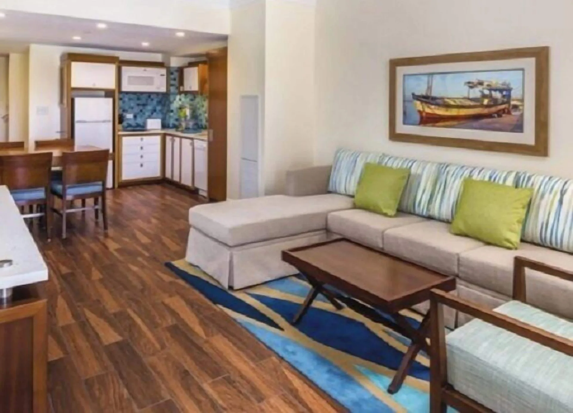 Standard 1 Bedroom condo living area and kitchenette at Margaritaville Vacation Club - St. Thomas.