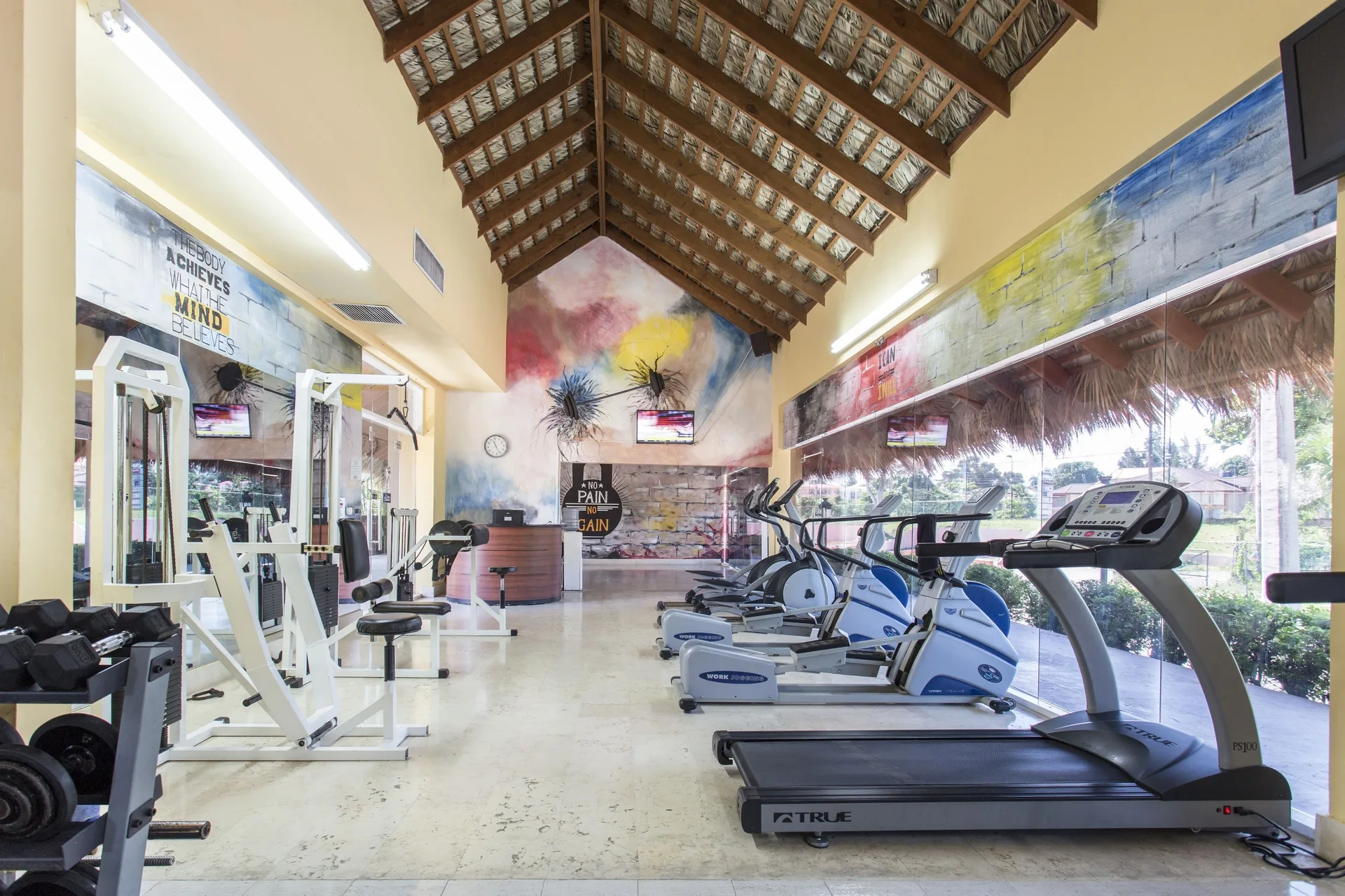 Fitness room with treadmills, cardio machines, and weights at Marien Puerto Plata.