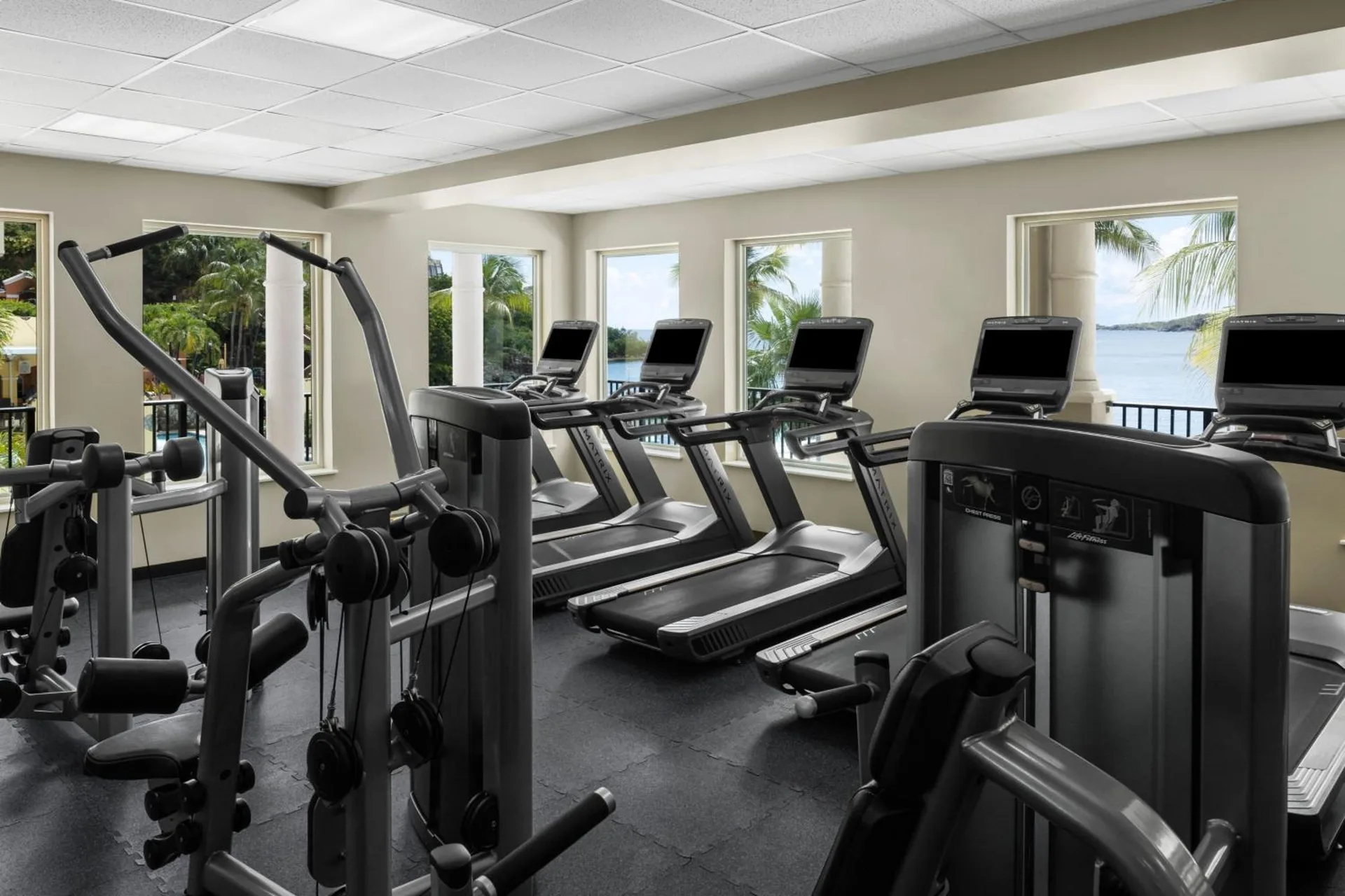 Fitness center with treadmills and weight machines at Marriott's Frenchman's Cove.