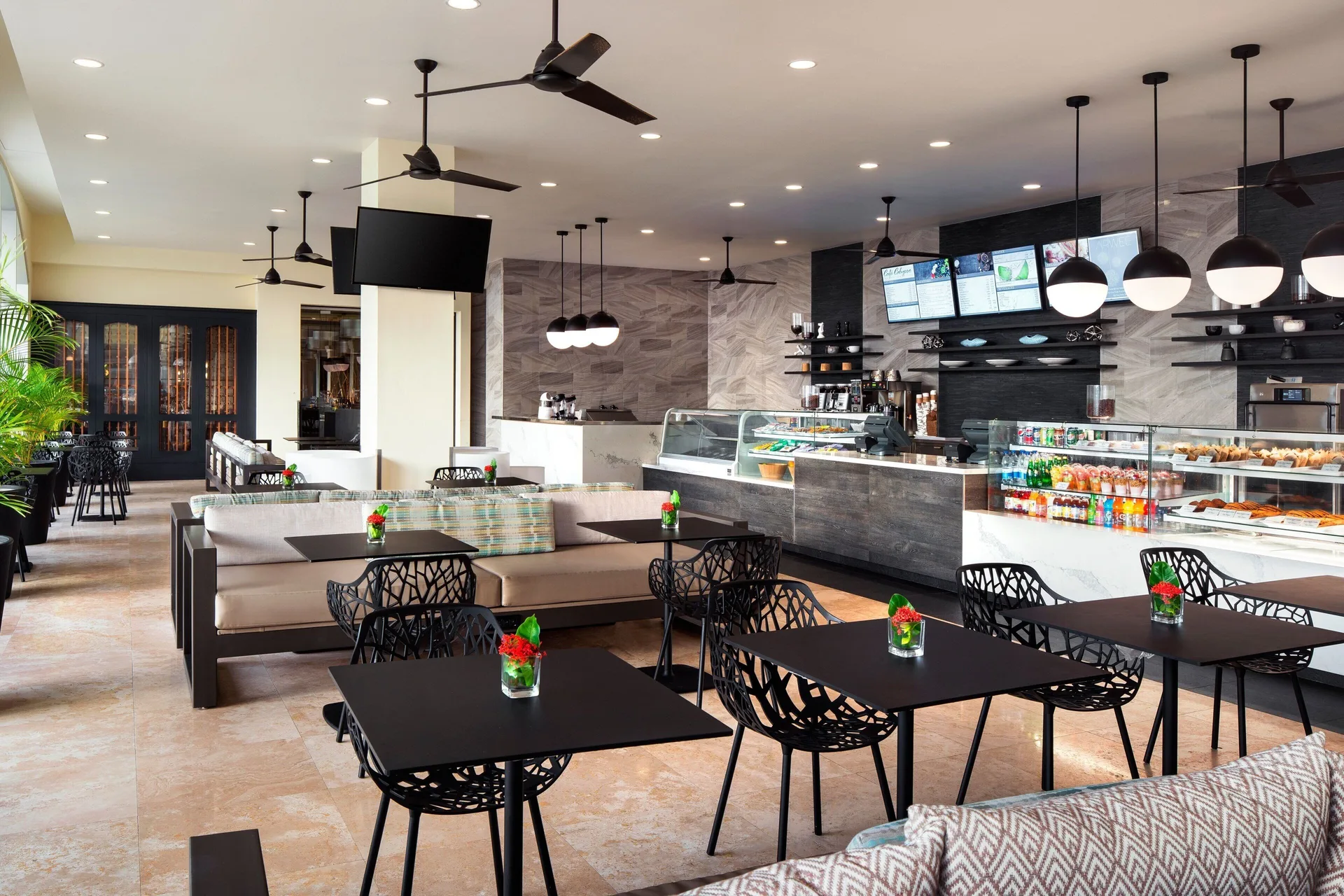Cafe seating and pastry cases at Marriott's St. Kitts Beach Club.