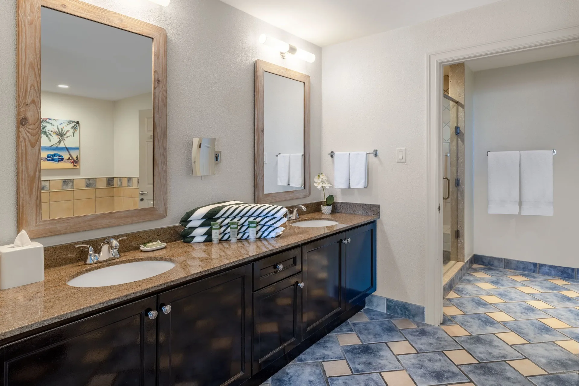 Double-vanity bathroom in a garden view villa at Marriott's St. Kitts Beach Club.