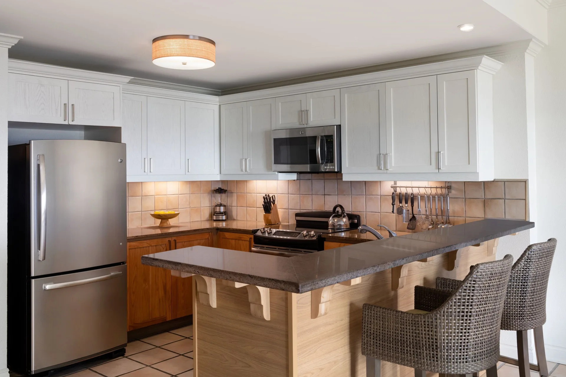 Villa kitchen with breakfast bar at Marriott's St. Kitts Beach Club.