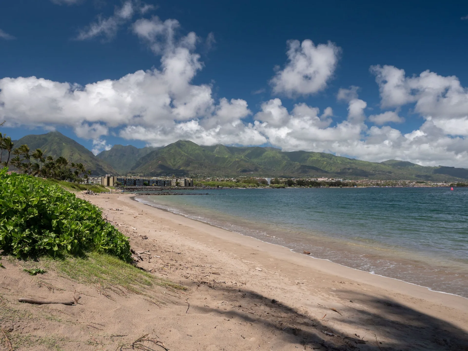 Sandy shoreline with bay and mountain views near Maui Seaside Hotel.