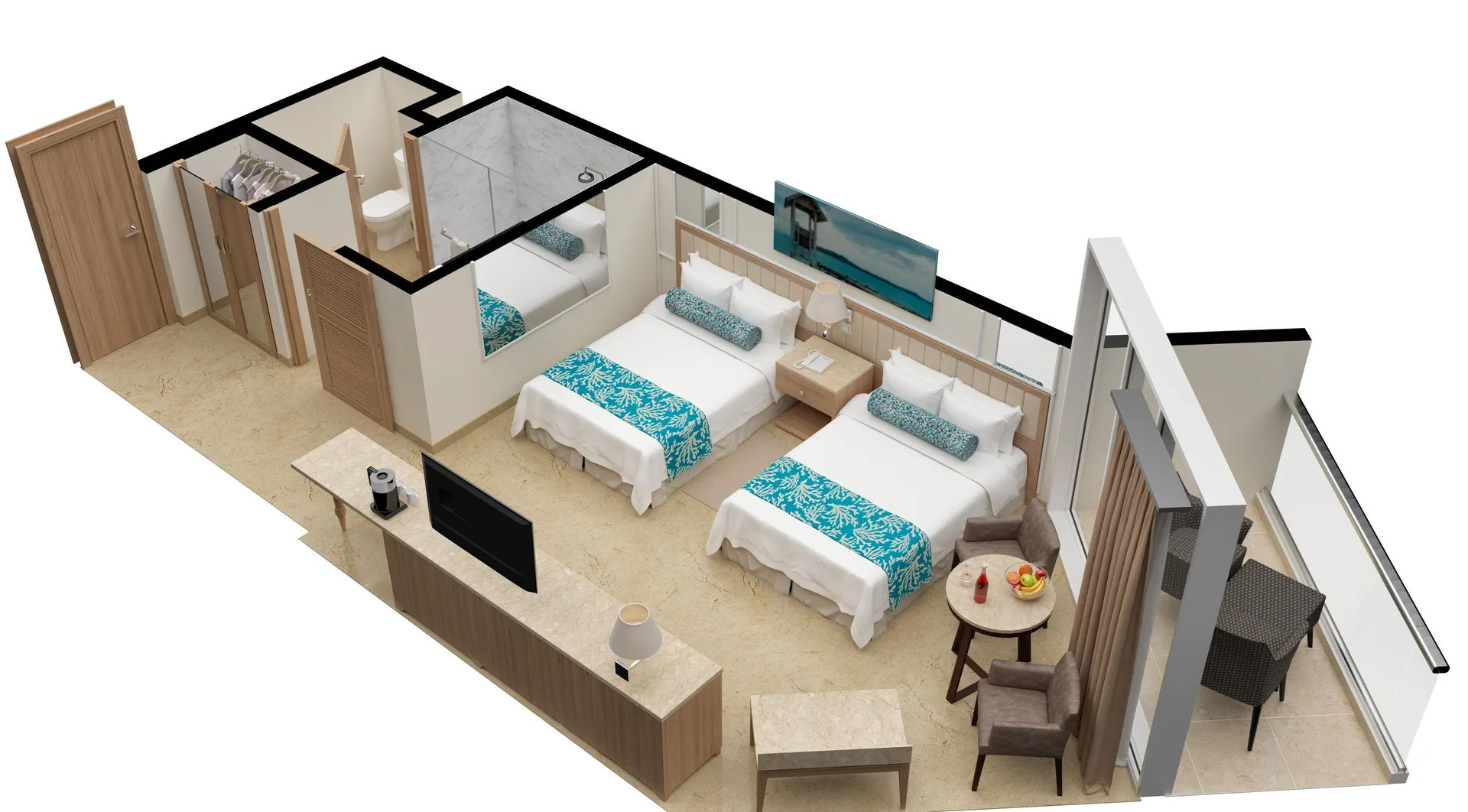 Deluxe Resort View with Balcony floor plan at Moon Palace Jamaica showing two double beds layout in Ocho Rios, Jamaica.