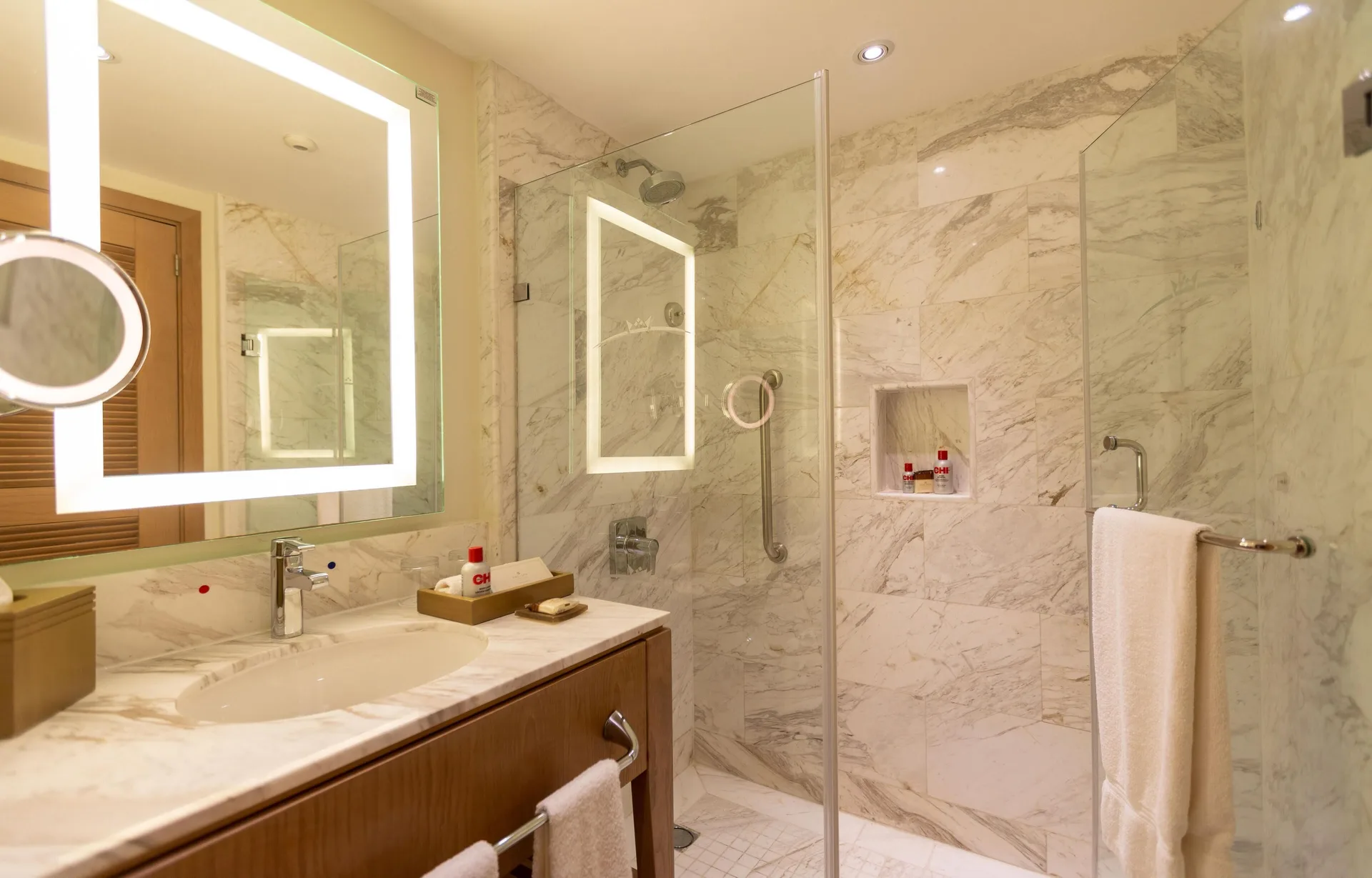 Marble bathroom in a Deluxe Resort View room at Moon Palace Jamaica.