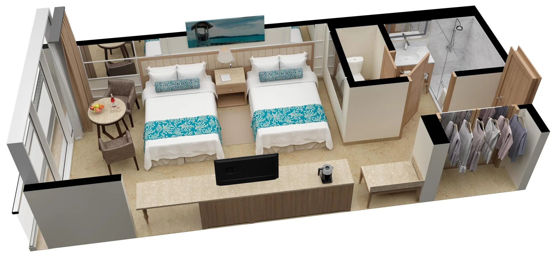 Deluxe Resort View floor plan with two beds and bathroom at Moon Palace Jamaica.