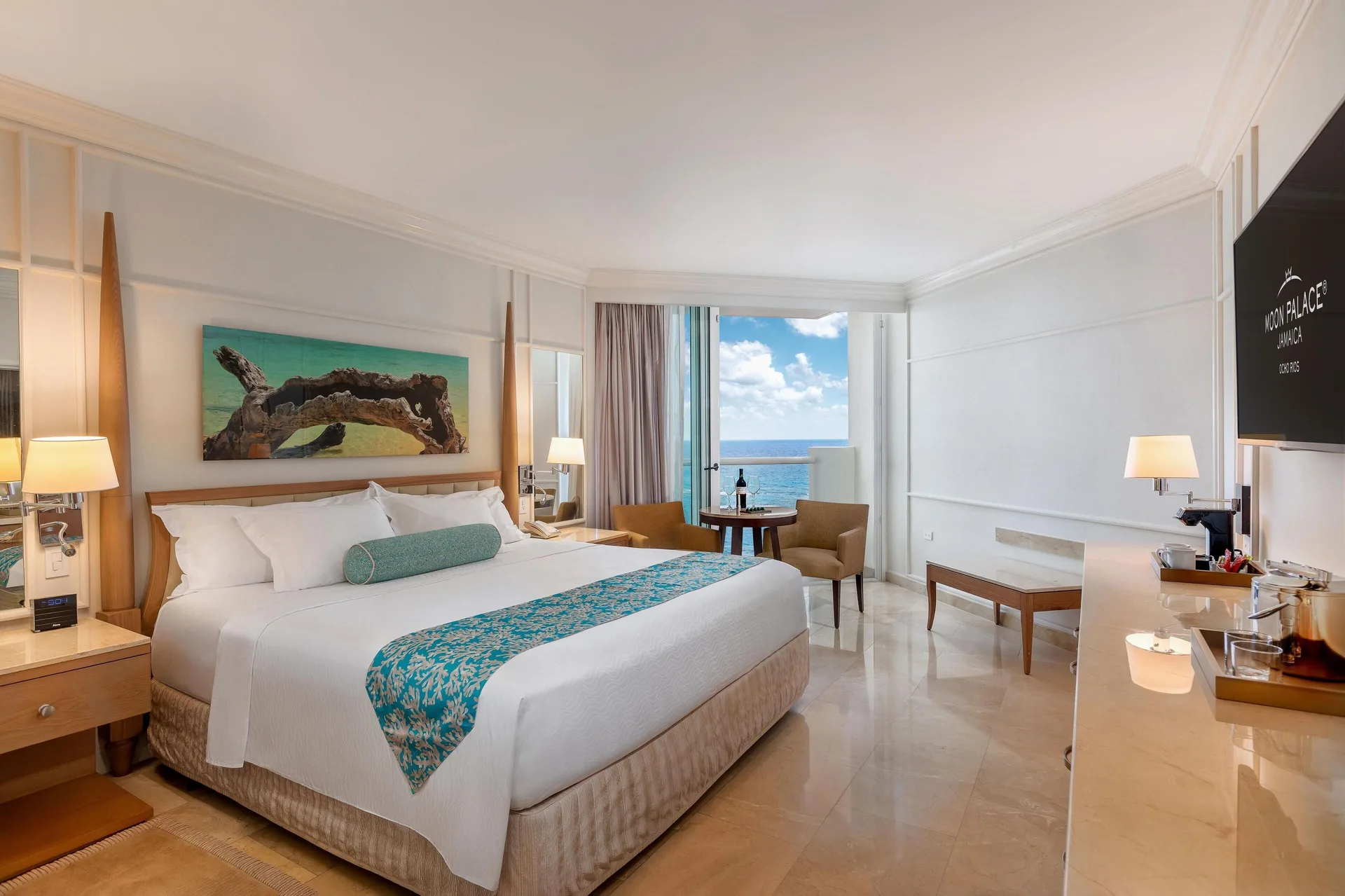 Superior Family Partial Ocean View king bed room with balcony at Moon Palace Jamaica.