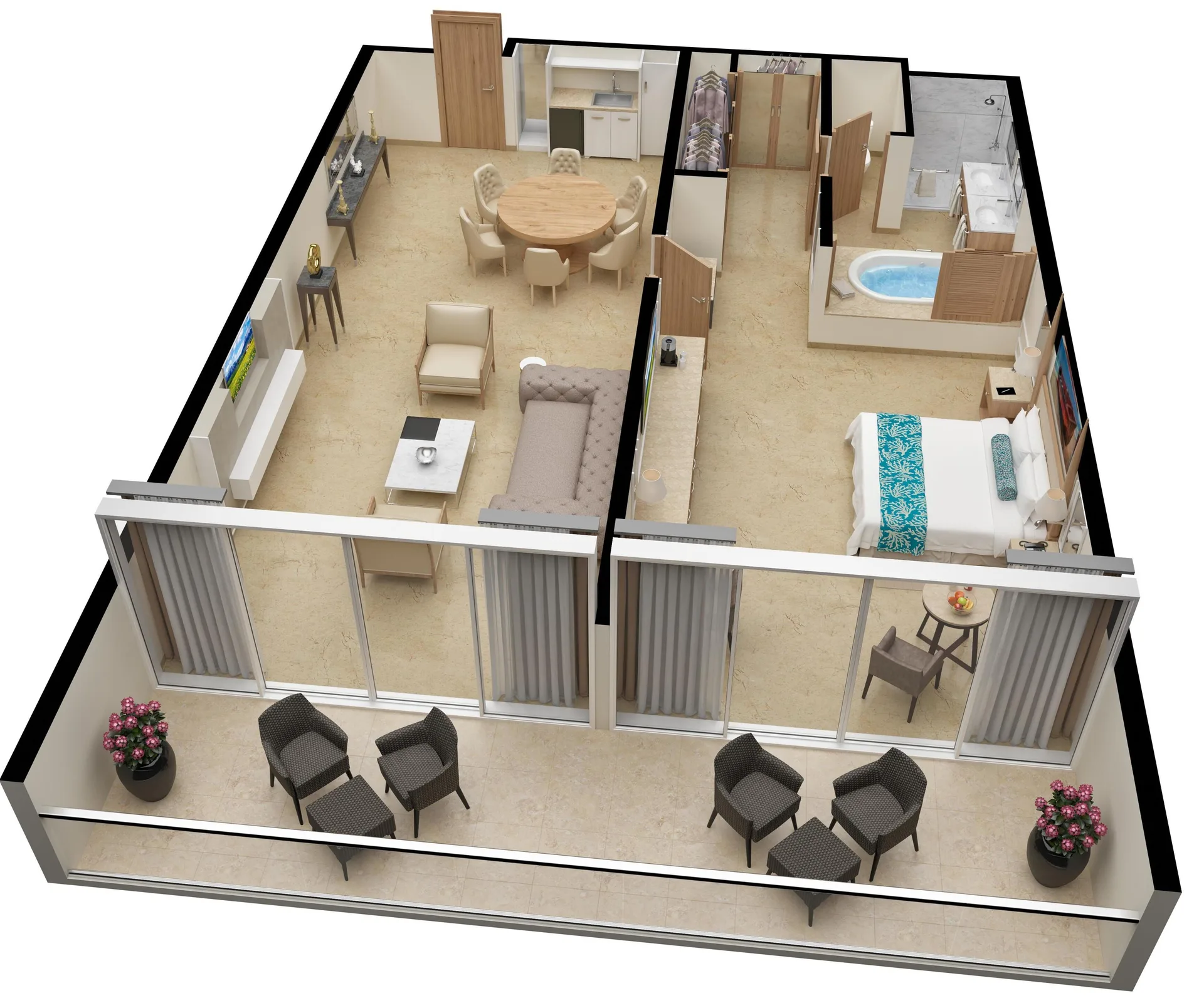 Superior Governor Suite ocean view floor plan at Moon Palace Jamaica showing bedroom, bath, lounge, and balcony.