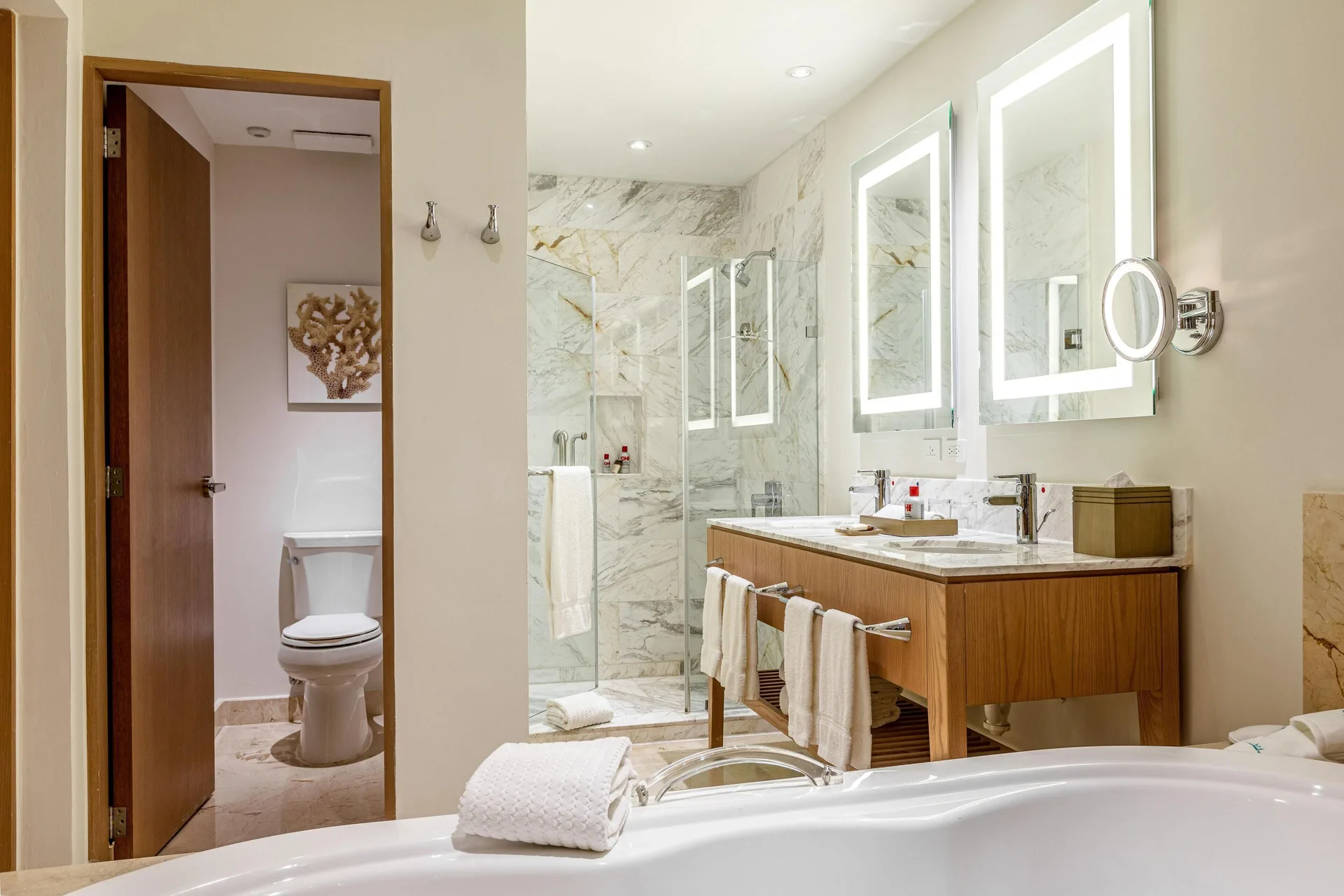 Superior Junior Suite Ocean View bathroom vanity and shower at Moon Palace Jamaica.