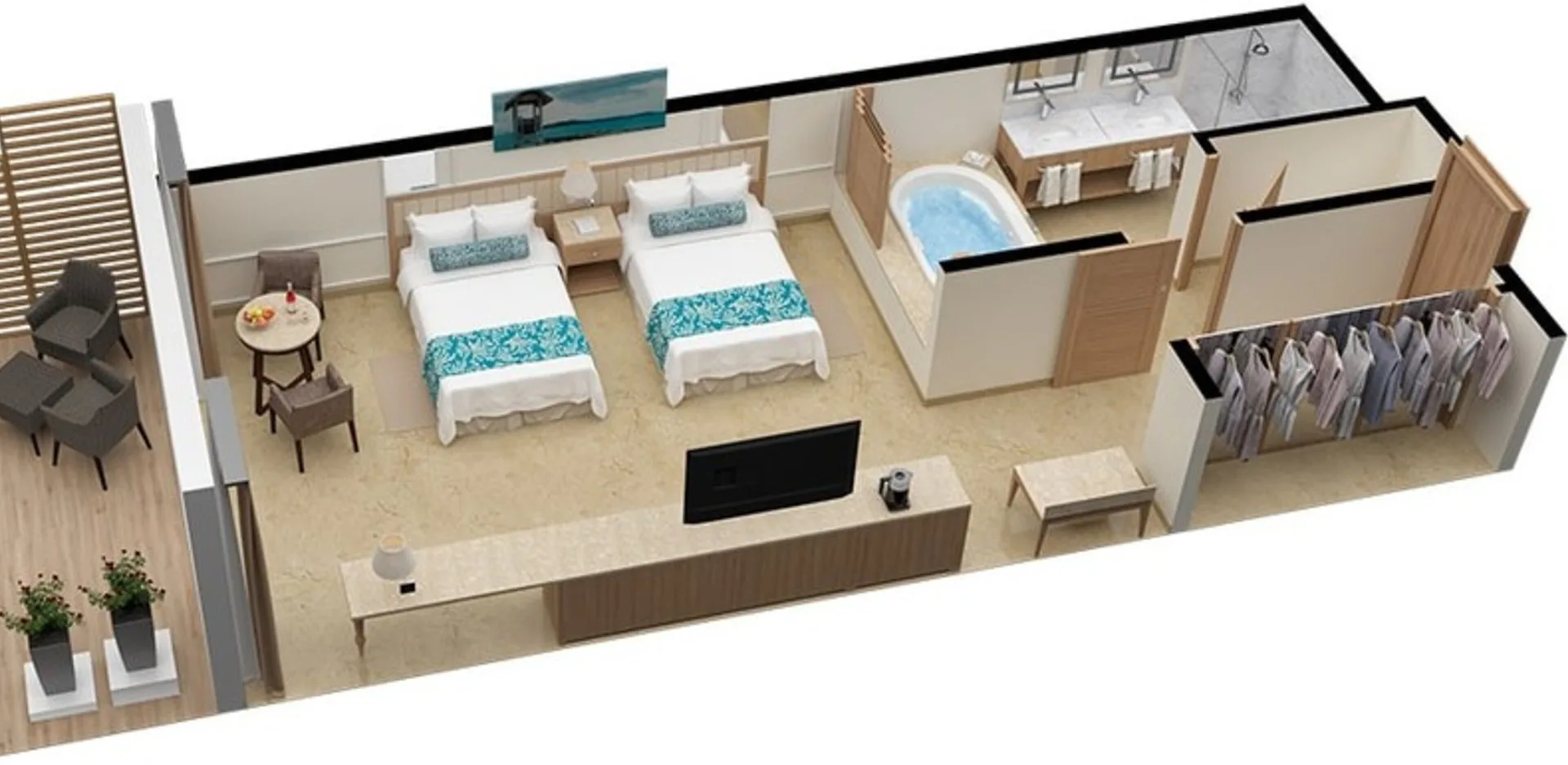 Superior Junior Suite Ocean View floor plan with two beds at Moon Palace Jamaica.