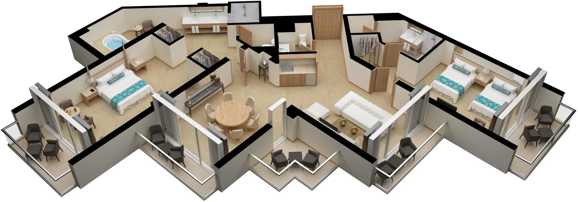 3D floor plan of a two-bedroom suite with balconies at Moon Palace Jamaica.
