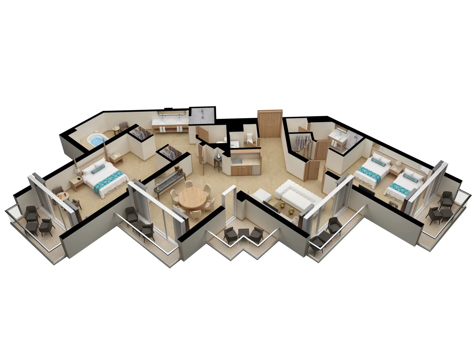 Wide 3D suite floor plan with bedrooms and balconies at Moon Palace Jamaica.