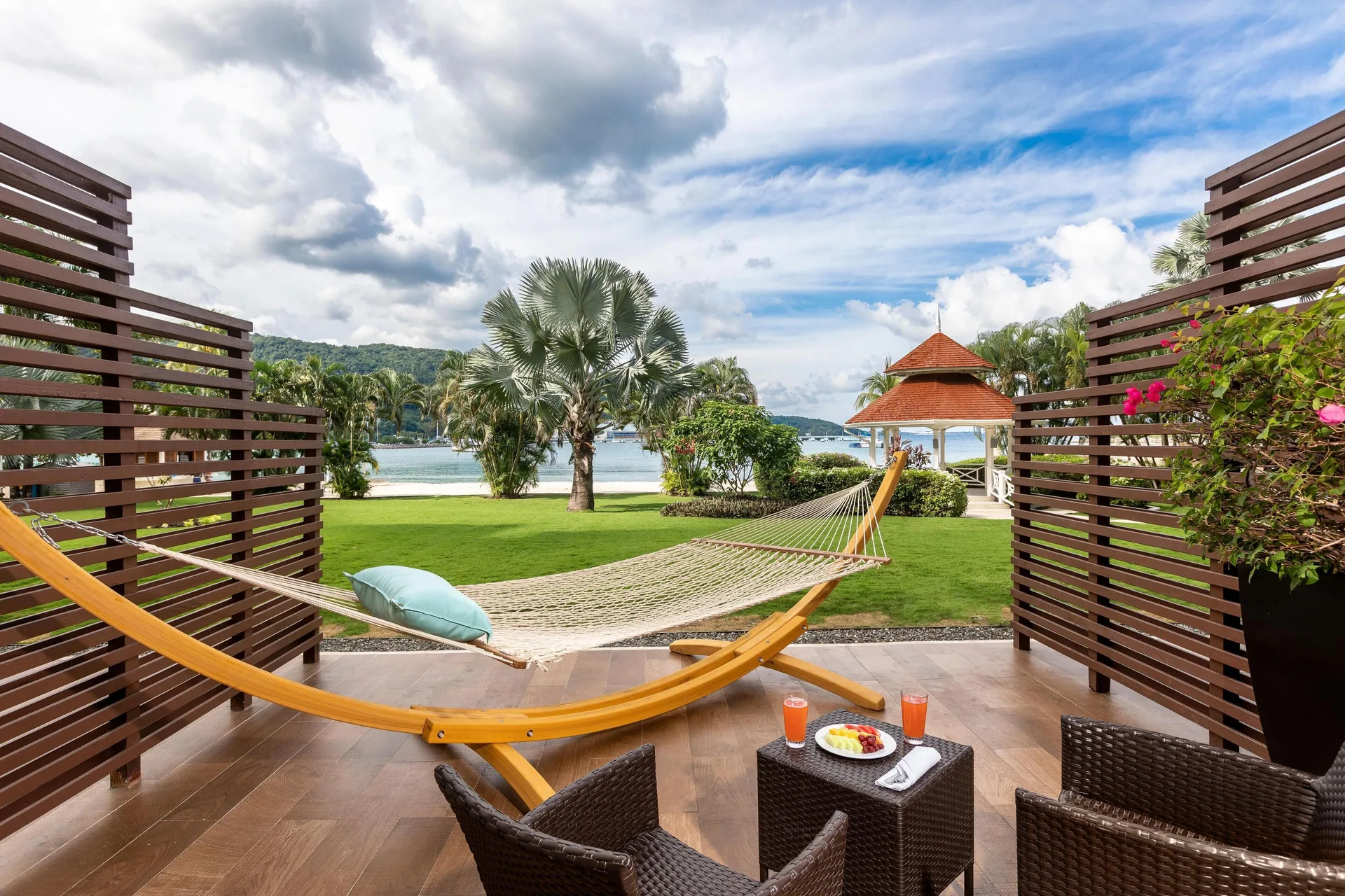 Superior Walk Out Suite Ocean View patio with hammock at Moon Palace Jamaica.
