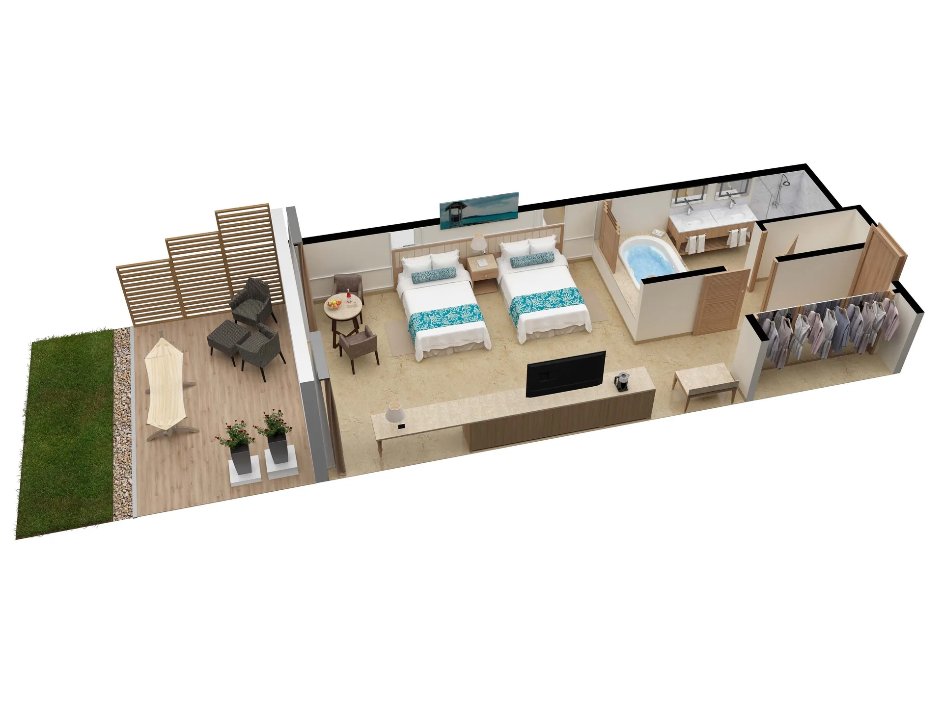 Superior Walk Out Suite Ocean View floor plan with two beds at Moon Palace Jamaica.