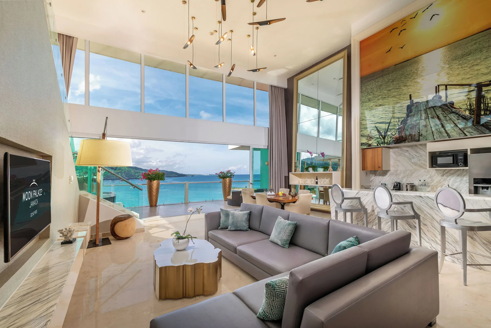 Three Bedroom Villa living room with ocean views at Moon Palace Jamaica.