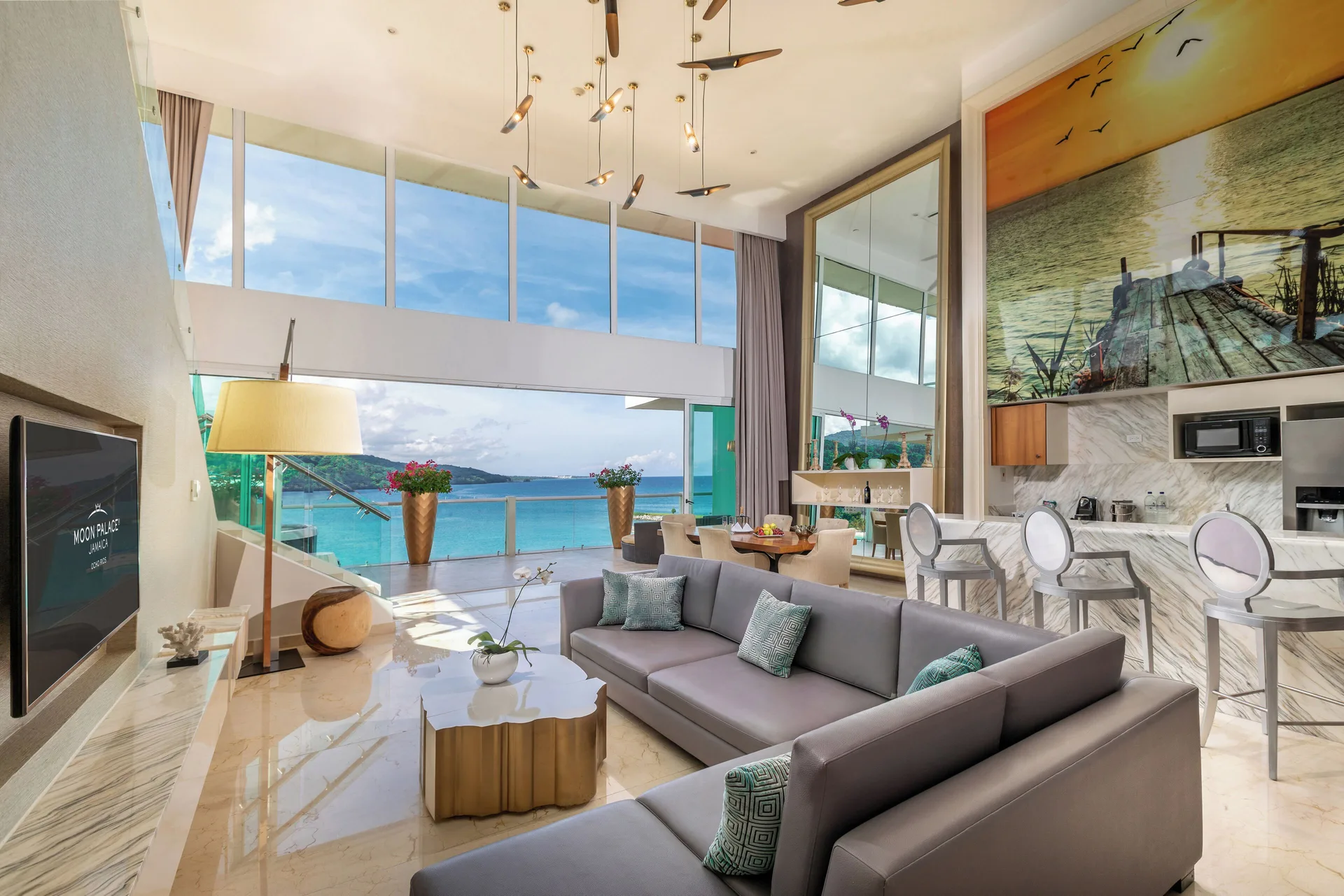 Three Bedroom Villa lounge and kitchenette with ocean view at Moon Palace Jamaica.