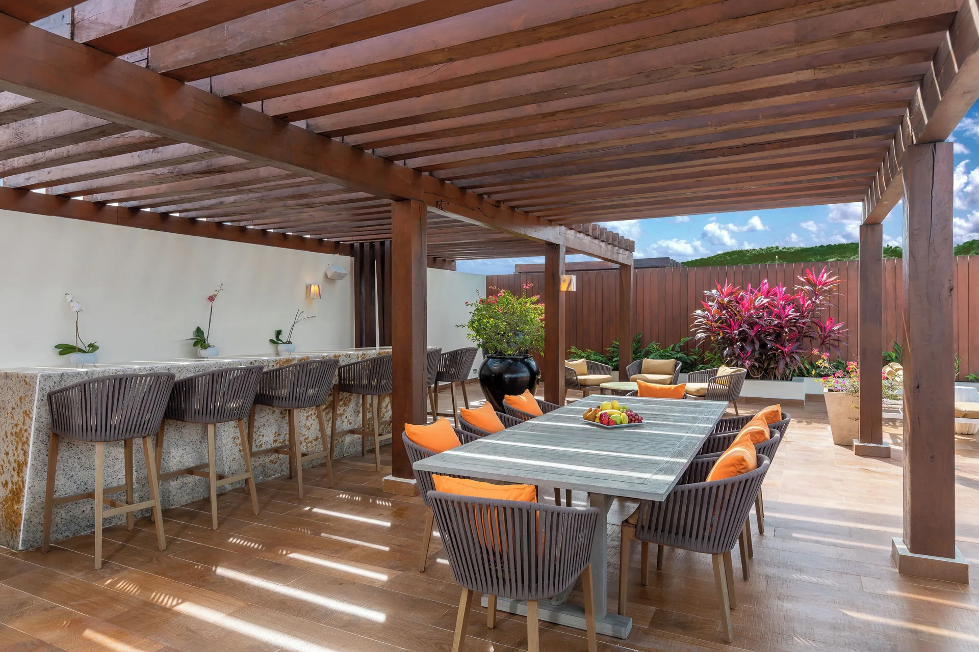 Three Bedroom Villa terrace dining area with pergola at Moon Palace Jamaica.