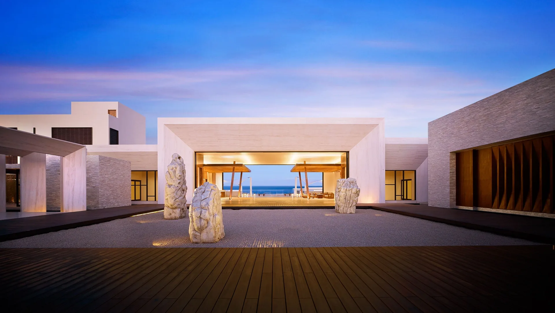 Open-air resort entrance framing the ocean at Nobu Hotel Los Cabos.