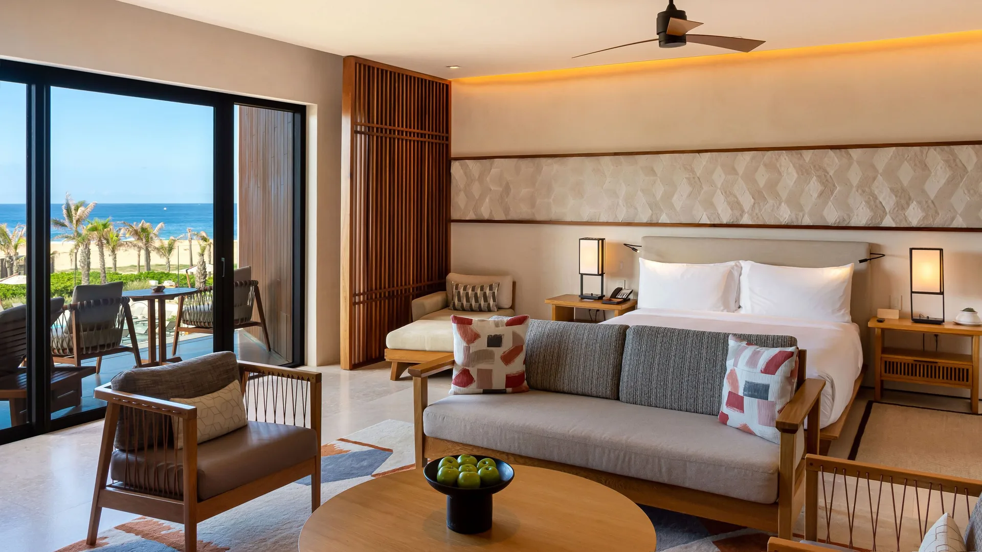 Junior Room, Ocean View with king bed and balcony at Nobu Hotel Los Cabos.