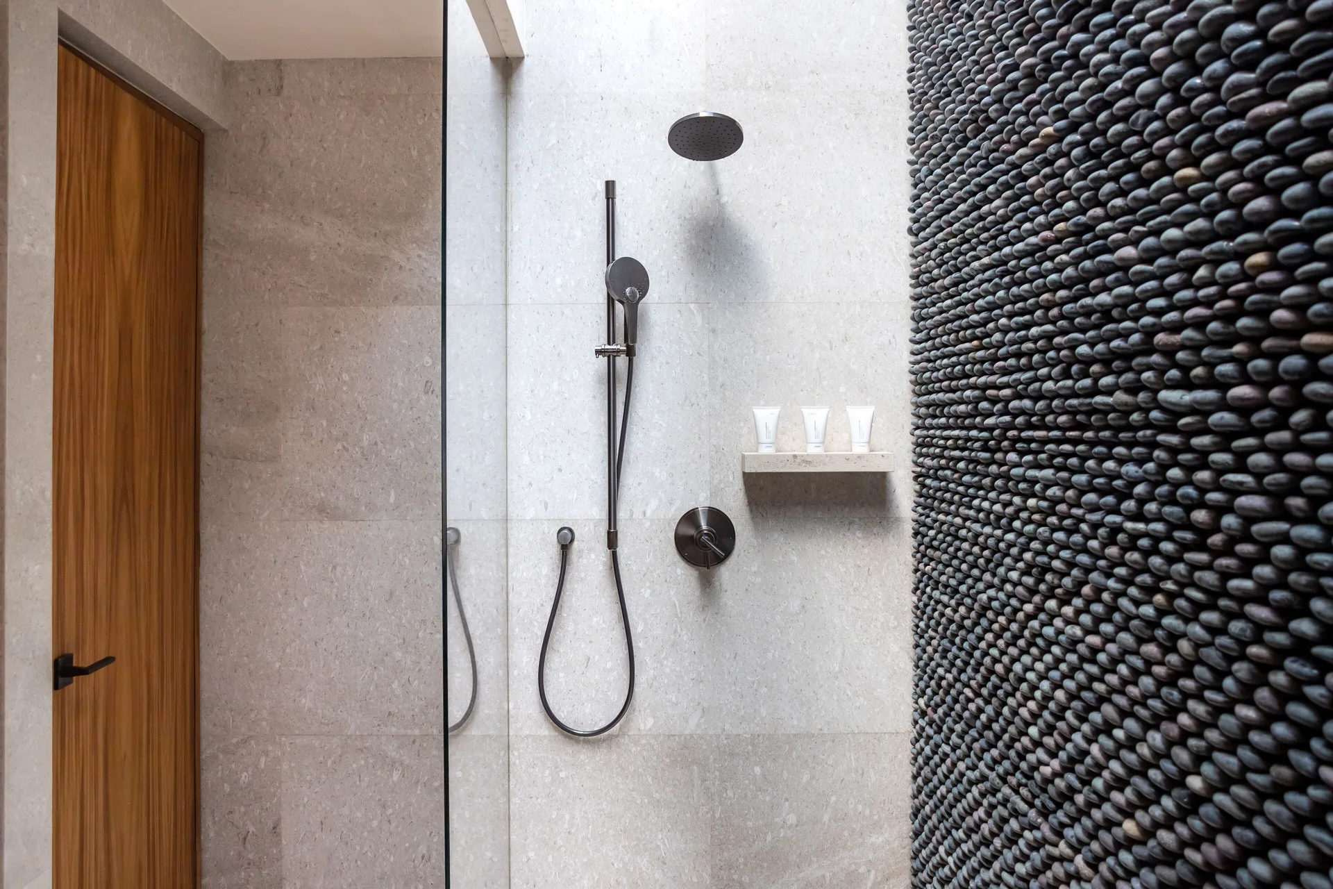 Walk-in shower in a Junior Room, Ocean View at Nobu Hotel Los Cabos.