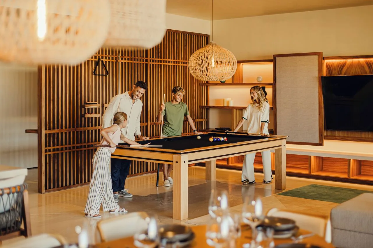 Kogane Penthouse game area with billiards table at Nobu Hotel Los Cabos.