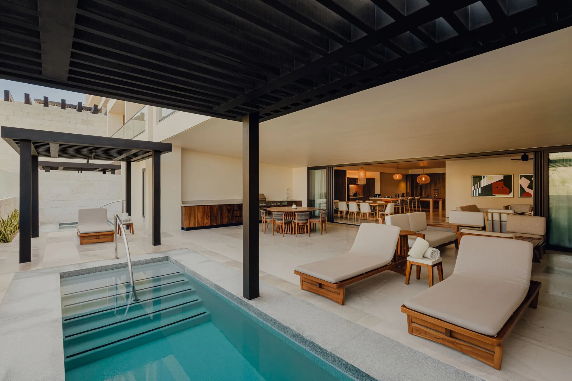 Sakyu 3 Bedrooms covered terrace with plunge pool and lounge seating at Nobu Hotel Los Cabos.