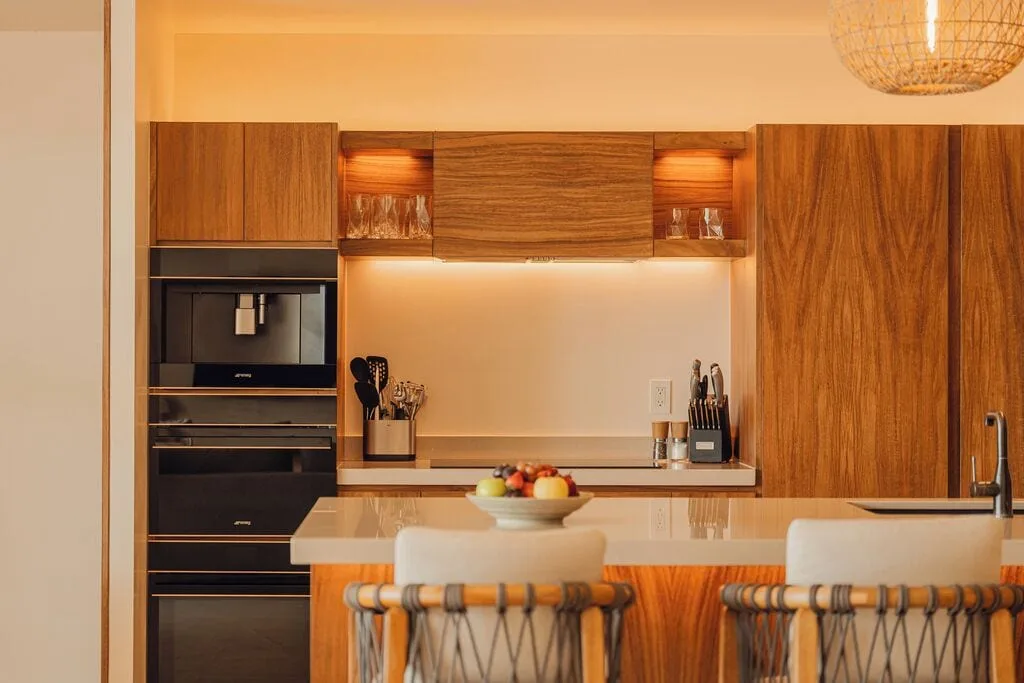 Sakyu 3 Bedrooms kitchen with island seating at Nobu Hotel Los Cabos.